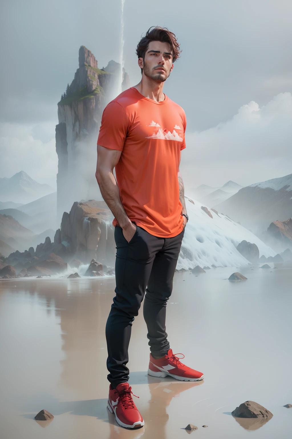 Homem camisa vermelha, em cima de uma montanha, with the sky with rain, camisa escrito Deus, montanhas verdes e molhadas