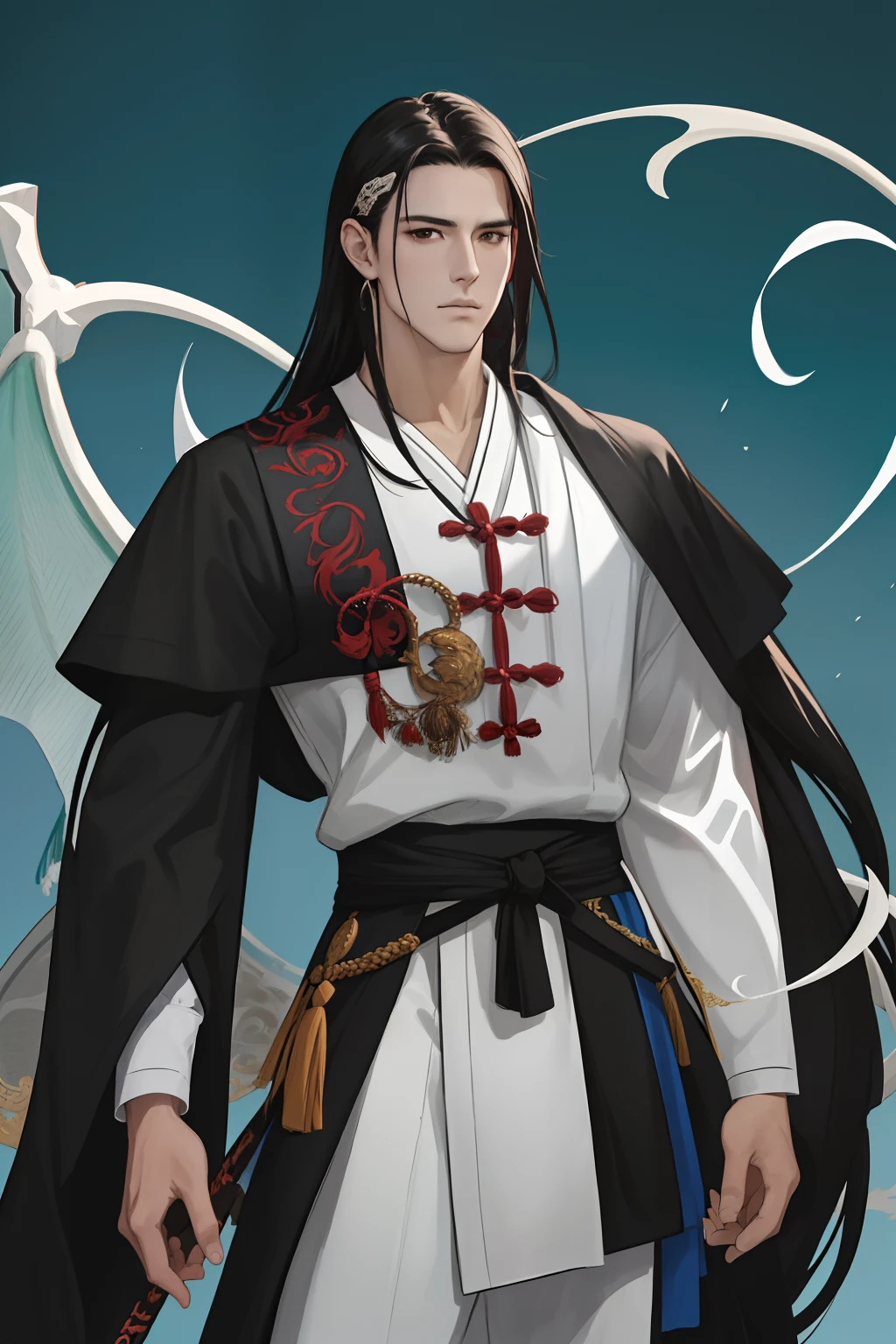 NSFW, obra-prima, melhor qualidade, ultra-detalhado, semi-realista, detailedfacialfeatures, 2man,usando roupa toda negra antiga wuxia,cabelos compridos negros,olhos escuros,roupa masculina de batalha,Dragon Clan Sovereign Style,manly,olhar malicioso e sedutor,homem bonito,He is standing holding in his left hand a whip and in his right hand a thin one, espada ancestral afiada,protagonista
