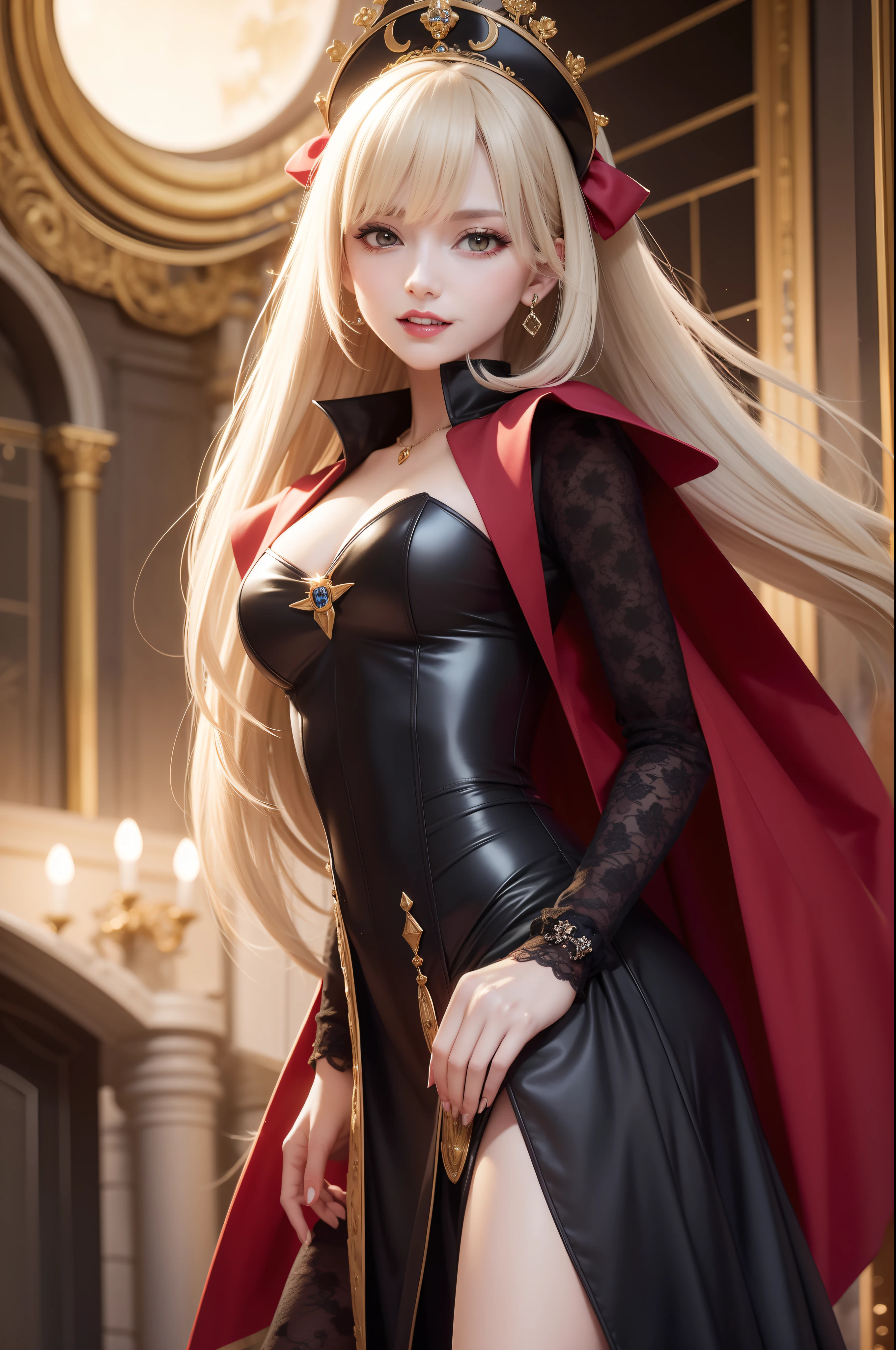 Royal Knight:1.3, (masterpiece, best quality:1.37), super detail:1.37, super sharp:1.37, anime style, Illustration of a female royal knight. A female royal knight wearing yellow royal knight armor and sunglasses. A female royal knight standing on the night street under the red full moon, charming grin, open mouth, vampire teeth, vampire fangs, vampire fashion style, looking at people see,