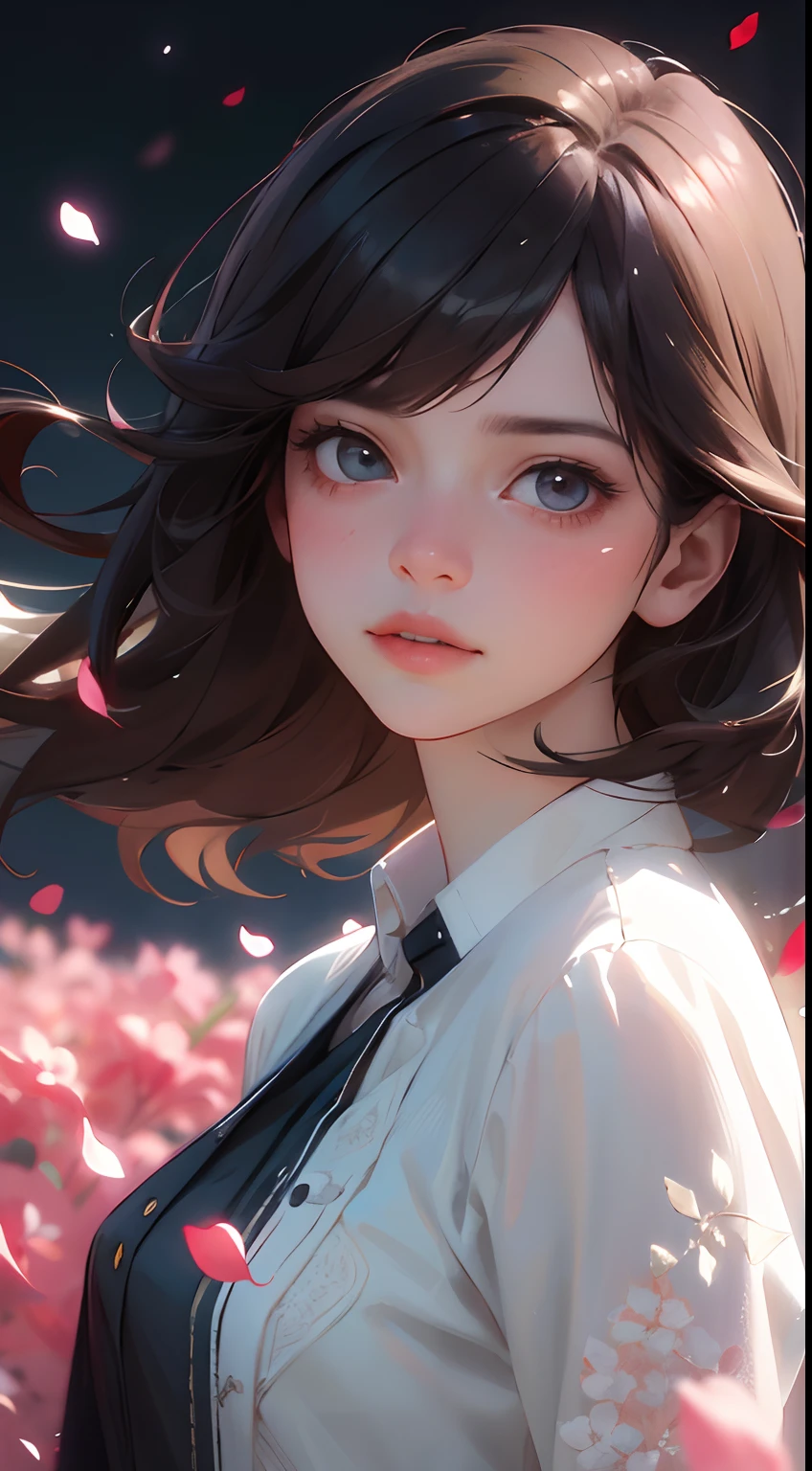 (best quality, masterpiece, ultra-realistic), 1 beautiful and delicate portrait of a girl, playful and cute, with floating petals in the background