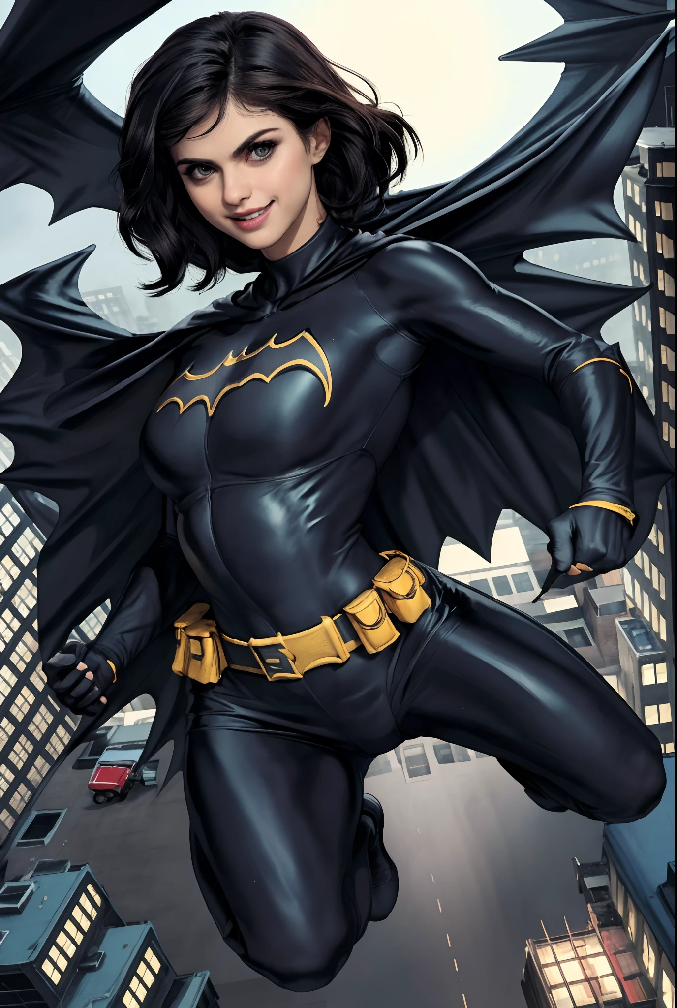 (obra-prima, melhor qualidade), 1girl, solo, Alexandra Daddario, batgirl terno, cabelo preto, olhos castanhos, sorriso, (((seios muito gigantes, gliding with the cape open between buildings))),
akihabara, dos mortos, noite, de baixo, jumping roof, centro de jogos,