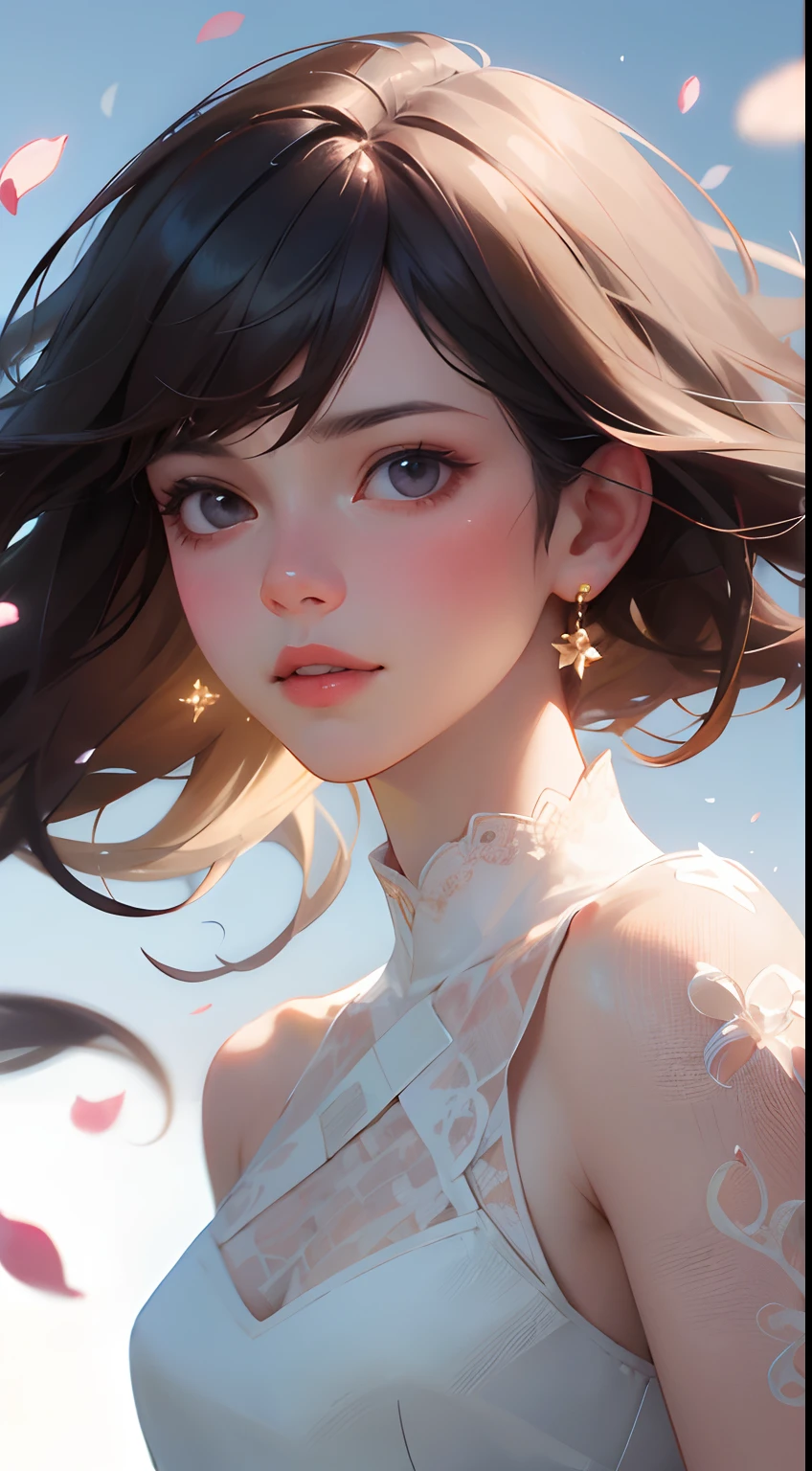 (best quality, masterpiece, ultra-realistic), 1 beautiful and delicate portrait of a girl, playful and cute, with floating petals in the background