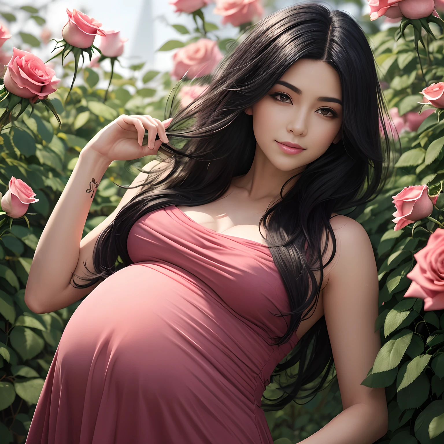 "Renderizado em um estilo de aquarela, Highlight a pregnant woman adorned in a pink dress, com ((((flowing black hair)))) que acentua sua beleza em um jardim hipnotizante cheio de ((((flores cor-de-rosa)))). A luz suave e delicada envolve a cena, emphasizing feelings of accomplishment and happiness. Ternamente, She puts her hand on her belly, enquanto a paisagem circundante mistura harmoniosamente tons de ((((Rosa)))) e elementos naturais. This high-quality illustration doesn't just capture the moment, but it also shows the technique of painting in watercolor, ressaltando os meandros do ((((cabelos pretos)))) and the unique artistic style."