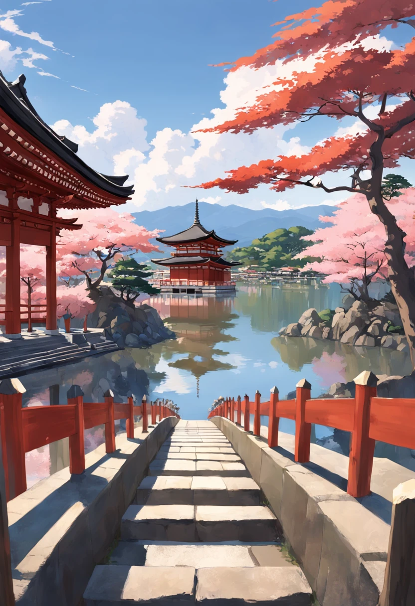 Transport to the historic city of Kyoto, Japan, through an image that captures the essence of the tradition and beauty of this iconic city. Nesta cena, Kyoto se revela como um tesouro cultural, where the ancient and the contemporary merge in a charming way.
No centro da imagem, ergue-se majestosamente o Templo Kinkaku-ji, also known as the Golden Pavilion. Bathed in the morning sun, suas paredes brilham em dourado resplandecente, reflecting on the surface of the serene lake that surrounds it. Cercado por um jardim meticulosamente projetado, o templo parece uma joia preciosa no meio da natureza exuberante.
The cherry trees are in full bloom, adornando a paisagem com seus tons suaves de rosa. Some of the flowers fell delicately on the shores of the lake, Creating a picturesque and romantic view.
A stone path winds through the garden, levando os visitantes a uma pequena ponte de arco vermelho que cruza um riacho. A ponte parece um elo entre o passado e o presente, a visual metaphor of the cultural heritage and modernity that coexist in Kyoto.
No horizonte, The silhouettes of temples and pagoda towers stand out against the clear blue sky. The city's narrow streets and traditional rooftops add a touch of authenticity to the scene, reminding us of Kyoto's rich history as a former imperial capital.
The sky above is adorned with soft white clouds, criando um contraste suave com as estruturas douradas e os tons vibrantes da natureza.
This image transports you to a magical moment in Kyoto, where the past and the present intertwine harmoniously in a landscape that is both visually stunning and culturally significant