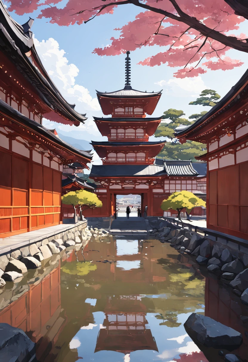 Transport to the historic city of Kyoto, Japan, through an image that captures the essence of the tradition and beauty of this iconic city. Nesta cena, Kyoto se revela como um tesouro cultural, where the ancient and the contemporary merge in a charming way.

No centro da imagem, ergue-se majestosamente o Templo Kinkaku-ji, also known as the Golden Pavilion. Bathed in the morning sun, suas paredes brilham em dourado resplandecente, reflecting on the surface of the serene lake that surrounds it. Cercado por um jardim meticulosamente projetado, o templo parece uma joia preciosa no meio da natureza exuberante.

The cherry trees are in full bloom, adornando a paisagem com seus tons suaves de rosa. Some of the flowers fell delicately on the shores of the lake, Creating a picturesque and romantic view.

A stone path winds through the garden, levando os visitantes a uma pequena ponte de arco vermelho que cruza um riacho. A ponte parece um elo entre o passado e o presente, a visual metaphor of the cultural heritage and modernity that coexist in Kyoto.

No horizonte, The silhouettes of temples and pagoda towers stand out against the clear blue sky. The city's narrow streets and traditional rooftops add a touch of authenticity to the scene, reminding us of Kyoto's rich history as a former imperial capital.

The sky above is adorned with soft white clouds, criando um contraste suave com as estruturas douradas e os tons vibrantes da natureza.

This image transports you to a magical moment in Kyoto, where the past and the present intertwine harmoniously in a landscape that is both visually stunning and culturally significant
