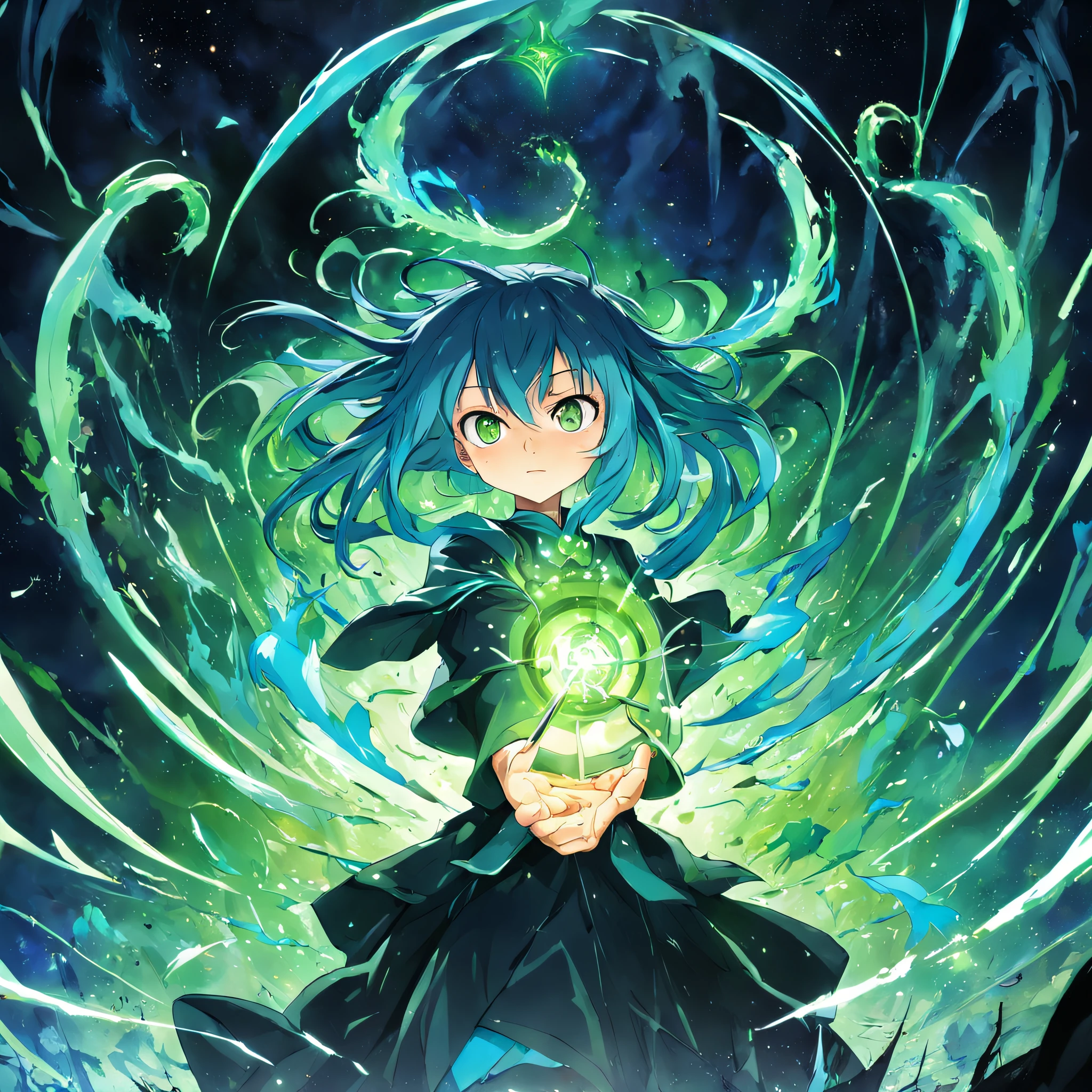 (((Rudeus))),((Obra-prima do anime))), Concentrando Magia verde azul, vortex, particuls, (sentado), 1 garoto, ambiente de fantasia, (((rindo)))