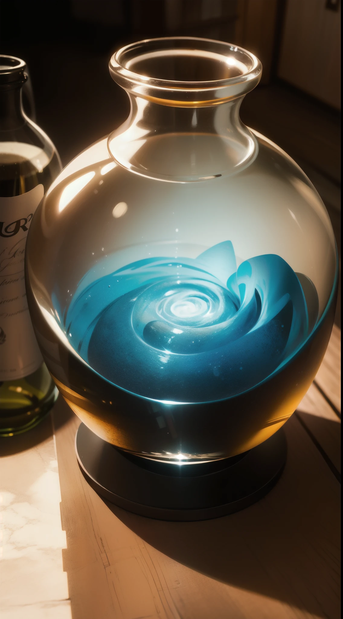 uma garrafa de vidro, Inside the bottle to an incredible and mysterious Mindo,altos detalhes,8k,18k,luz brilhante,the bottle is shining,sombras leves