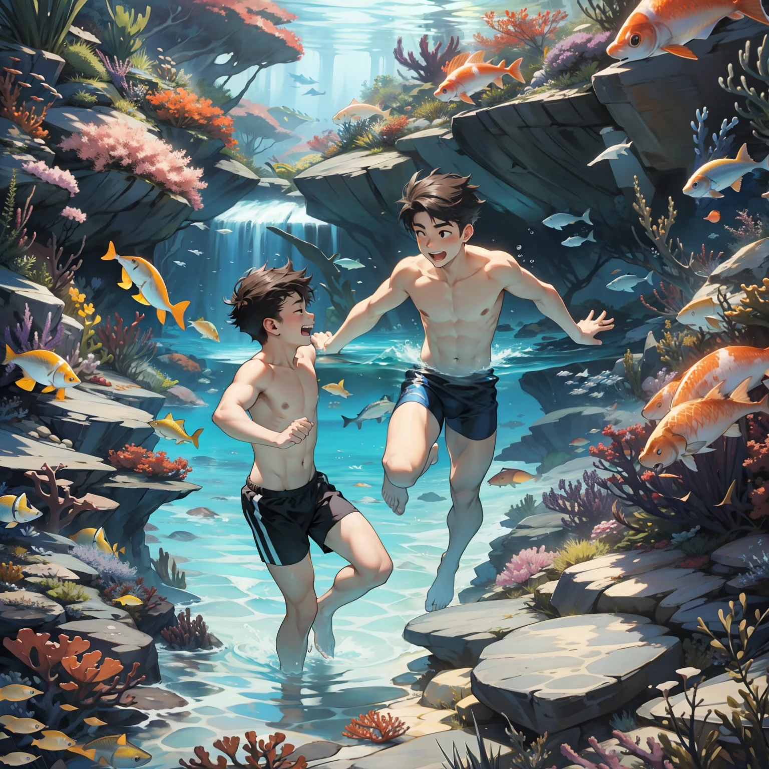 Two boys swimming happily at the bottom of the sea。