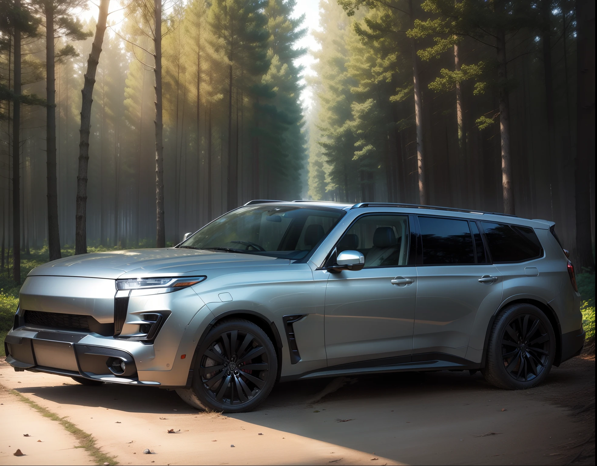 perfectquality,Realistis,realisticlying,photore,Realiy,SUV,Pubic area is clear,Texture,photorealestic。Silver medium net,The background is woods。