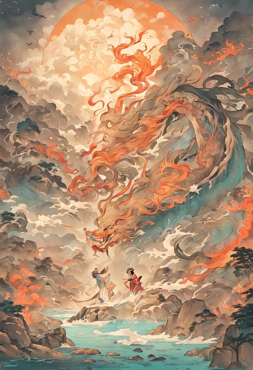 An ancient Chinese painting,ancient chinese background,mountain ranges,rios,Mountain and Sea Sutra,mythological beasts,Sun,shadowing,Auspicious clouds,Implement composition