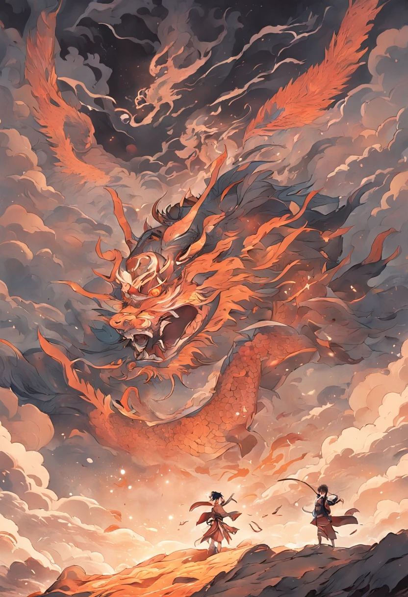 An ancient Chinese painting,ancient chinese background,mountain ranges,rios,Mountain and Sea Sutra,mythological beasts,Sun,shadowing,Auspicious clouds,Implement composition