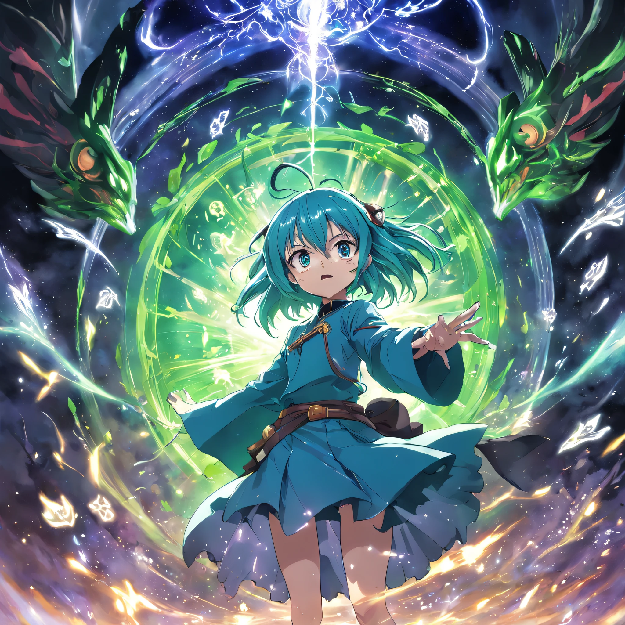 (((Rudeus))),((Obra-prima do anime))), Concentrando Magia verde azul, vortex, particuls, (sentado), 1 garoto, ambiente de fantasia, (((rindo)))