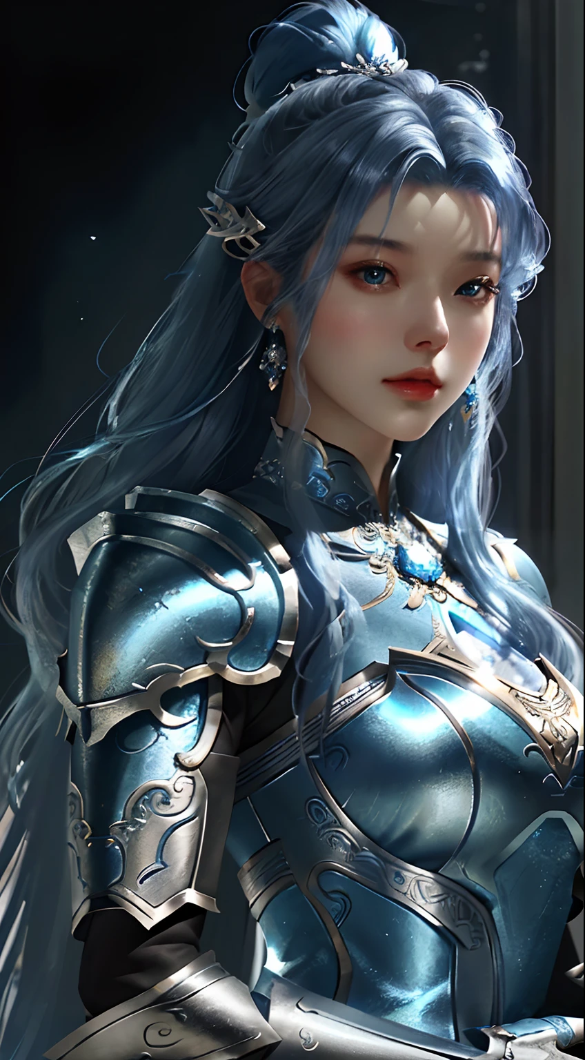 a close up of a woman in a silver and blue dress, chengwei pan on artstation, by Yang J, detailed fantasy art, stunning character art, fanart best artstation, epic exquisite character art, beautiful armor, extremely detailed artgerm, detailed digital anime art, artgerm on artstation pixiv, armor girl