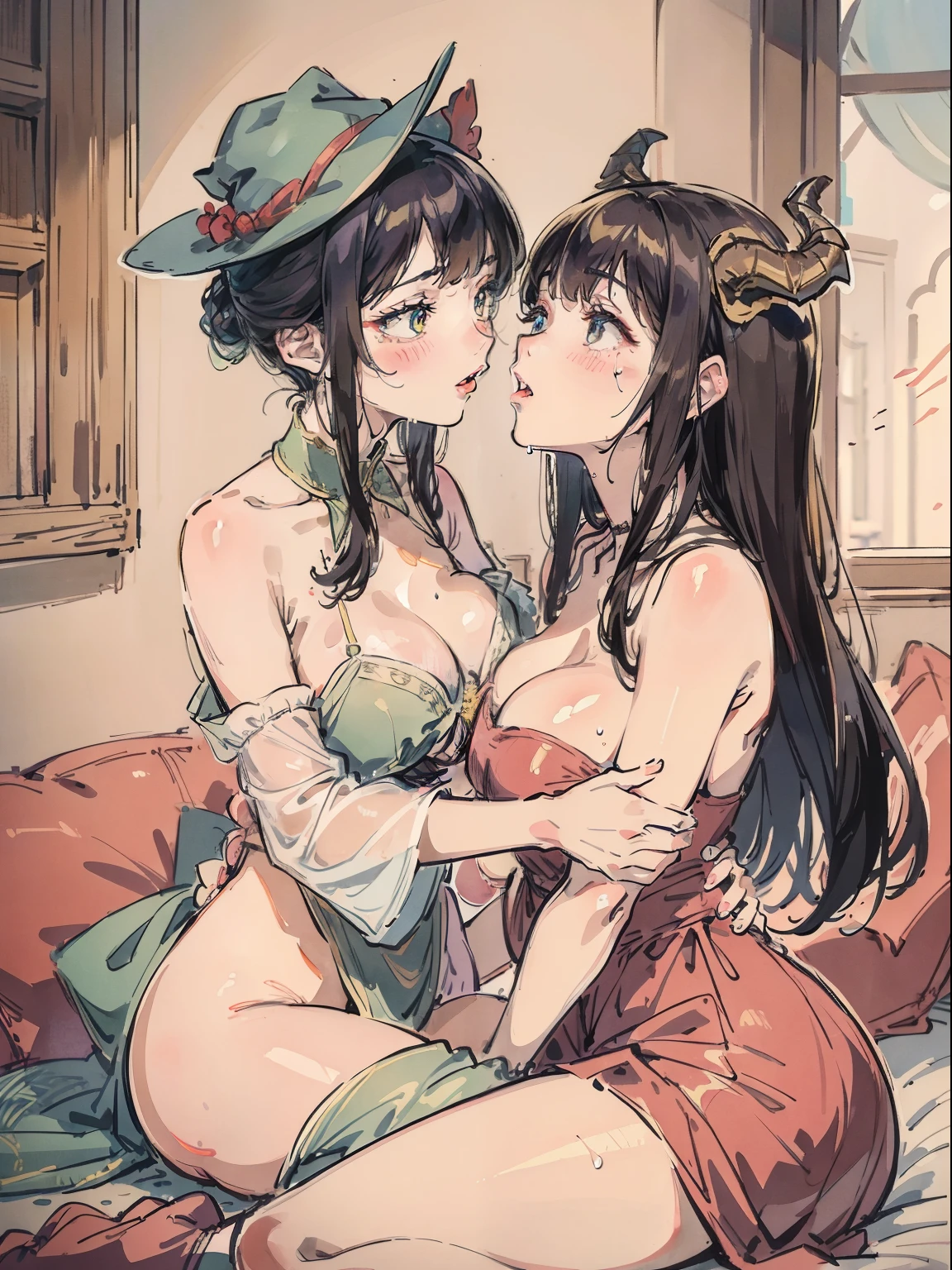 Bright colors,Magic background,famiglia,cheat,ntr,lesbian,kitchen in the background,3 girls in total,2 girls on sofa in living room,2girls((lie on sofa,lesbian,french kiss,wet kiss,french kiss,wet kiss,wet,watery,face to face,hugs,Close contact,Snug together,Side Body,kiss,tongue kissing,Lovers,touch each other,Matching hairstyle,Matching poses,One person has a witch hat,The other has dragon horns,these 2 girls are lovers but not couples,Matching decorations,A hat that fell beside him,Only one person wears a hat)),The third person is wife,The third person was cheated,The third person is cooking,The third person has their backs to each other,The third man did not look back,The third person knows nothing,Occlusion,Dress conservatively,Conservative clothing,Not exposed,abstact,desire big breasts,squelch,Body overlap,squishing,Love,love each other,odd eyes,Does not expose the skin,Not sexy,Not exposed,Formal attire,校服,ok for children,very safe,Matching decorations,A hat that fell beside him,Only one person wears a hat