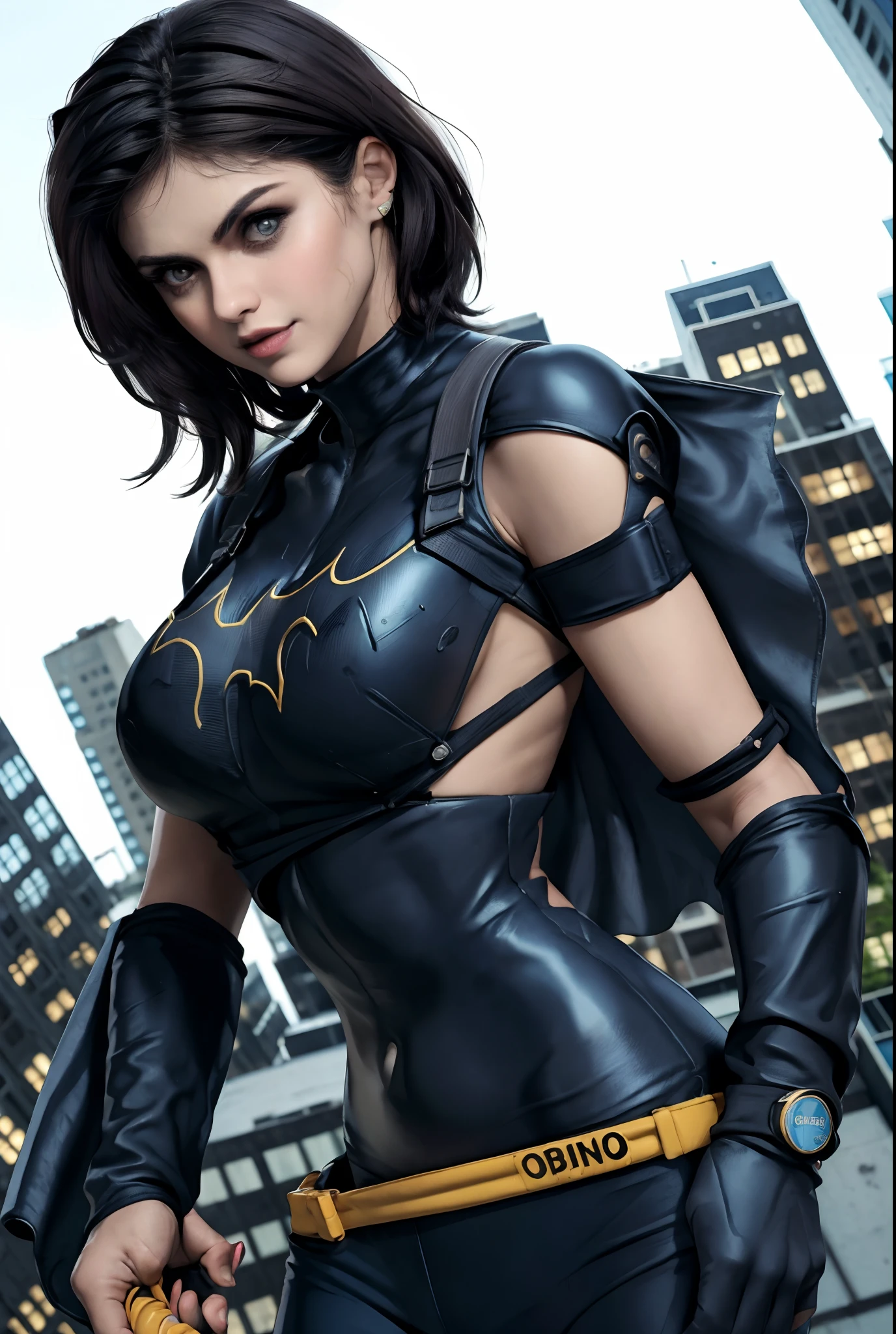 (obra-prima, melhor qualidade), 1girl, sozinho, Alexandra Daddario, Batgirl Terno, cabelo preto, olhos castanhos, sorrir, (((seios muito gigantes, sliding with the cable open between buildings))),
Akihabara, dos mortos, noite, de baixo, teto de salto, centro de jogos,