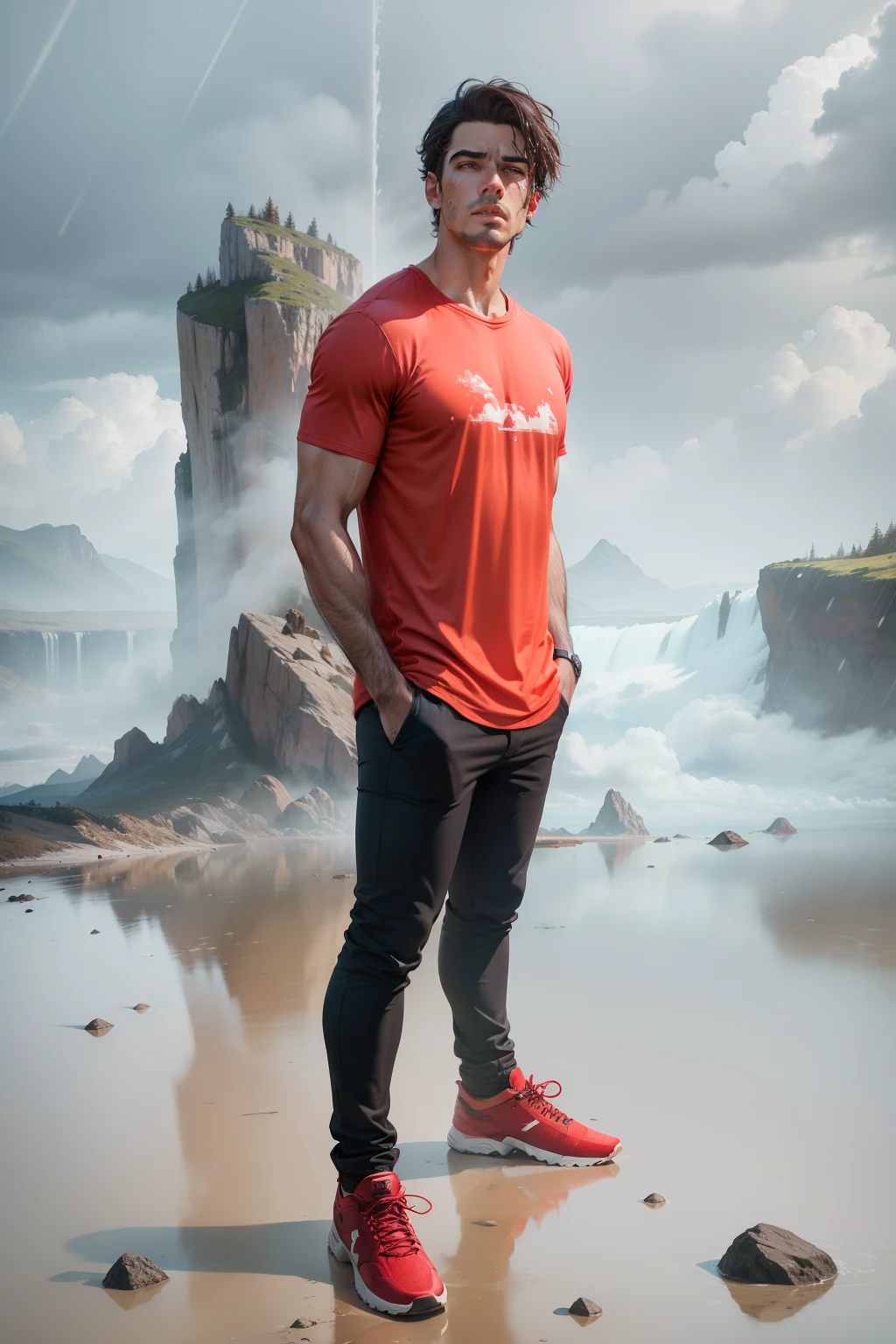 Homem camisa vermelha, em cima de uma montanha, with the sky with rain, camisa escrito Deus, montanhas verdes e molhadas, imagens mais escura, dark, filme de terror