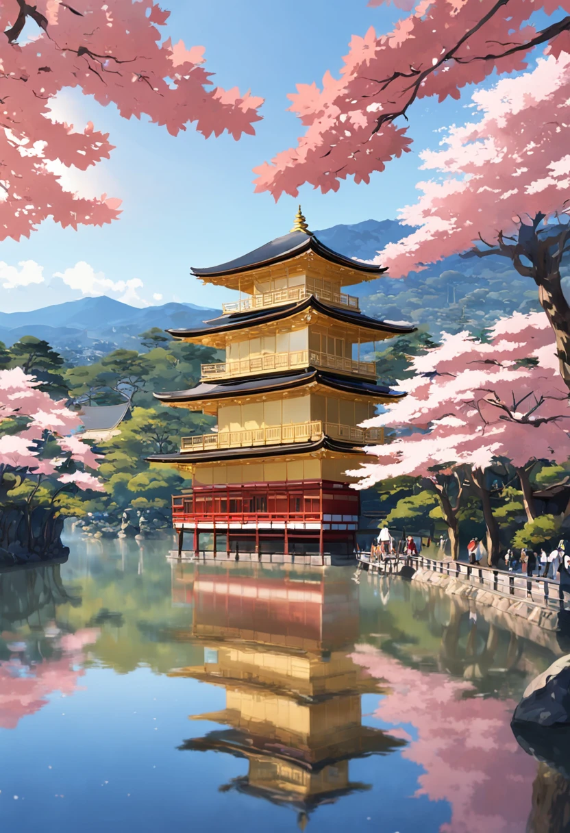 Transportation to the historic city of Kyoto, Japan, through an image that captures the essence of the tradition and beauty of this iconic city. Nesta cena, Kyoto se revela como um tesouro cultural, where the ancient and the contemporary merge in a charming way.
no centro da imagem, ergue-se majestosamente o Templo Kinkaku-ji, also known as the Golden Pavilion. Bathed in the morning sun, suas paredes brilham em dourado resplandecente, reflecting on the surface of the serene lake that surrounds it. Cercado por um jardim meticulosamente projetado, o templo parece uma joia preciosa no meio da natureza exuberante.
The cherry trees are in full bloom, adornando a paisagem com seus tons suaves de rosa. Some of the flowers fell delicately on the shores of the lake, Creating a picturesque and romantic view.
Um caminho de pedra serpenteia pelo jardim, levando os visitantes a uma pequena ponte de arco vermelho que cruza um riacho. A ponte parece um elo entre o passado e o presente, a visual metaphor for the cultural heritage and modernity that coexist in Kyoto.
No horizonte, The silhouettes of the temples and pagoda towers stand out against the clear blue sky. The city's narrow streets and traditional rooftops add a touch of authenticity to the scene, reminding us of Kyoto's rich history as a former imperial capital.
The sky above is adorned with soft white clouds, criando um contraste suave com as estruturas douradas e os tons vibrantes da natureza.
This image transports you to a magical moment in Kyoto, where the past and the present intertwine harmoniously in a landscape that is both visually stunning and culturally significant