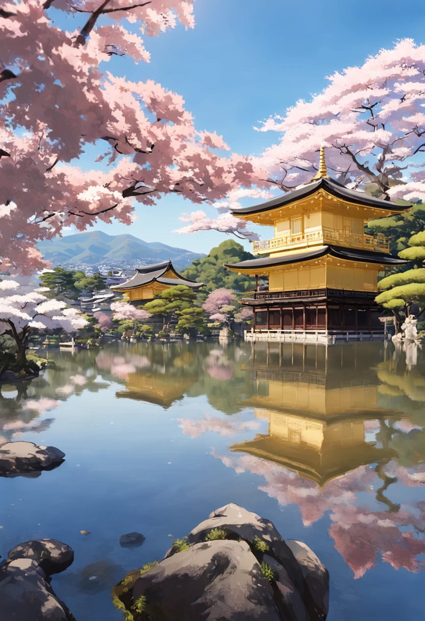 Transportation to the historic city of Kyoto, Japan, through an image that captures the essence of the tradition and beauty of this iconic city. Nesta cena, Kyoto se revela como um tesouro cultural, where the ancient and the contemporary merge in a charming way.

no centro da imagem, ergue-se majestosamente o Templo Kinkaku-ji, also known as the Golden Pavilion. Bathed in the morning sun, suas paredes brilham em dourado resplandecente, reflecting on the surface of the serene lake that surrounds it. Cercado por um jardim meticulosamente projetado, o templo parece uma joia preciosa no meio da natureza exuberante.

The cherry trees are in full bloom, adornando a paisagem com seus tons suaves de rosa. Some of the flowers fell delicately on the shores of the lake, Creating a picturesque and romantic view.

Um caminho de pedra serpenteia pelo jardim, levando os visitantes a uma pequena ponte de arco vermelho que cruza um riacho. A ponte parece um elo entre o passado e o presente, a visual metaphor for the cultural heritage and modernity that coexist in Kyoto.

No horizonte, The silhouettes of the temples and pagoda towers stand out against the clear blue sky. The city's narrow streets and traditional rooftops add a touch of authenticity to the scene, reminding us of Kyoto's rich history as a former imperial capital.

The sky above is adorned with soft white clouds, criando um contraste suave com as estruturas douradas e os tons vibrantes da natureza.

This image transports you to a magical moment in Kyoto, where the past and the present intertwine harmoniously in a landscape that is both visually stunning and culturally significant