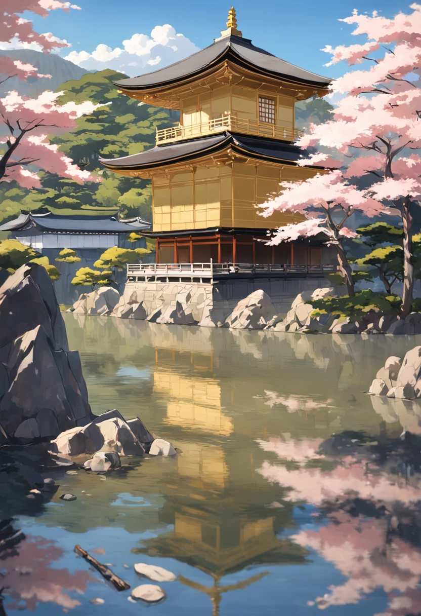 Transportation to the historic city of Kyoto, Japan, through an image that captures the essence of the tradition and beauty of this iconic city. Nesta cena, Kyoto se revela como um tesouro cultural, where the ancient and the contemporary merge in a charming way.

no centro da imagem, ergue-se majestosamente o Templo Kinkaku-ji, also known as the Golden Pavilion. Bathed in the morning sun, suas paredes brilham em dourado resplandecente, reflecting on the surface of the serene lake that surrounds it. Cercado por um jardim meticulosamente projetado, o templo parece uma joia preciosa no meio da natureza exuberante.

The cherry trees are in full bloom, adornando a paisagem com seus tons suaves de rosa. Some of the flowers fell delicately on the shores of the lake, Creating a picturesque and romantic view.

Um caminho de pedra serpenteia pelo jardim, levando os visitantes a uma pequena ponte de arco vermelho que cruza um riacho. A ponte parece um elo entre o passado e o presente, a visual metaphor for the cultural heritage and modernity that coexist in Kyoto.

No horizonte, The silhouettes of the temples and pagoda towers stand out against the clear blue sky. The city's narrow streets and traditional rooftops add a touch of authenticity to the scene, reminding us of Kyoto's rich history as a former imperial capital.

The sky above is adorned with soft white clouds, criando um contraste suave com as estruturas douradas e os tons vibrantes da natureza.

This image transports you to a magical moment in Kyoto, where the past and the present intertwine harmoniously in a landscape that is both visually stunning and culturally significant