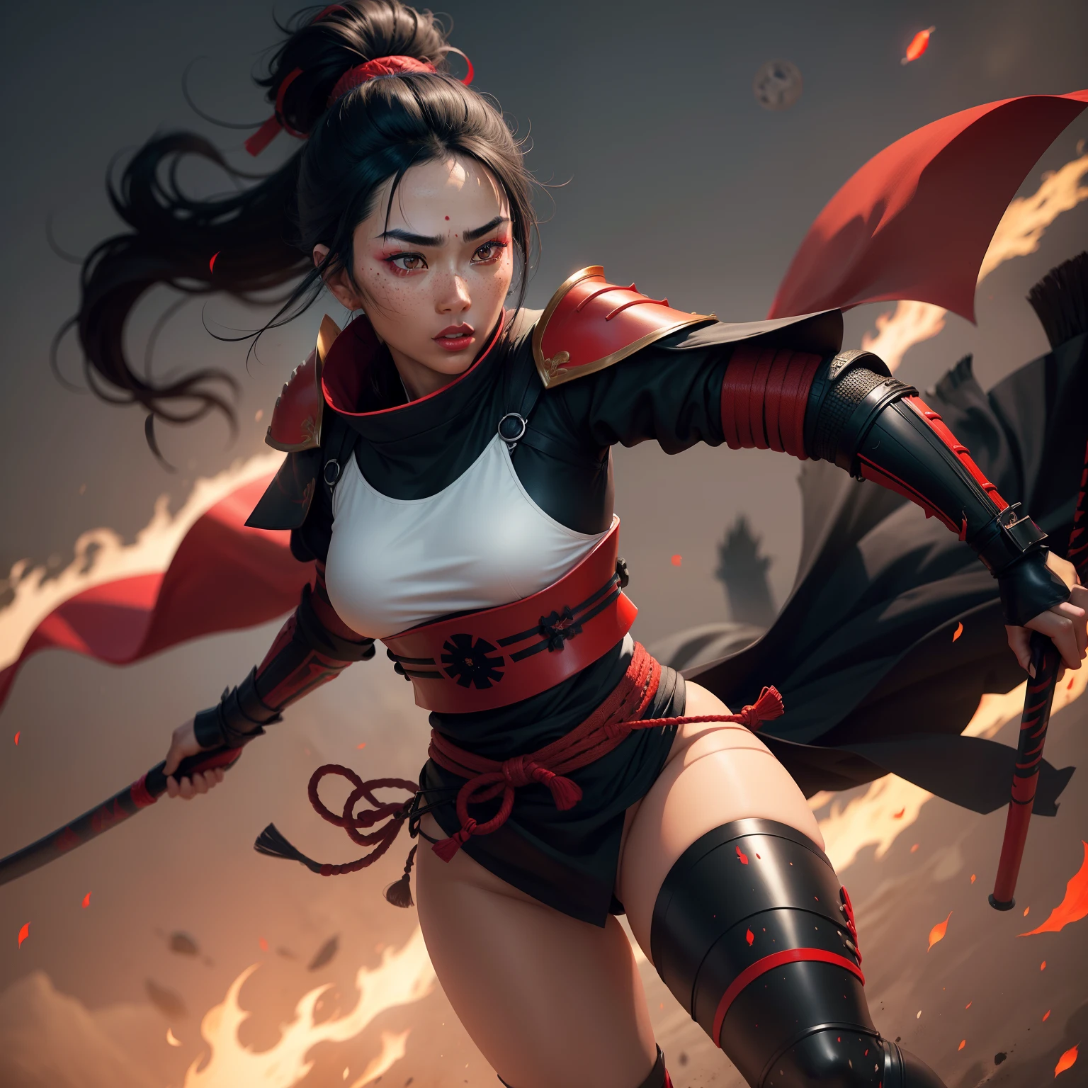 First Female samurai warrior, jet black hair, dark skinned tanned, red black, bright moon, freckles on the face, red lipstick, full body