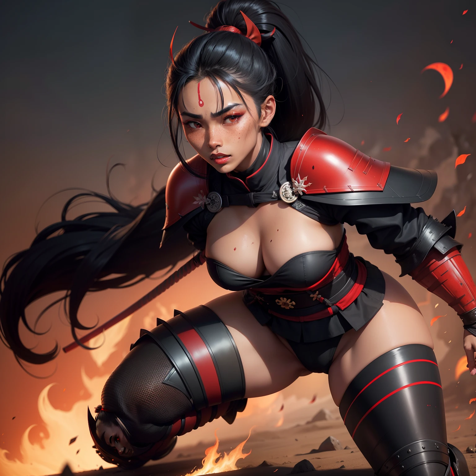 First Female samurai warrior, jet black hair, dark skinned tanned, red black, bright moon, freckles on the face, red lipstick, full body