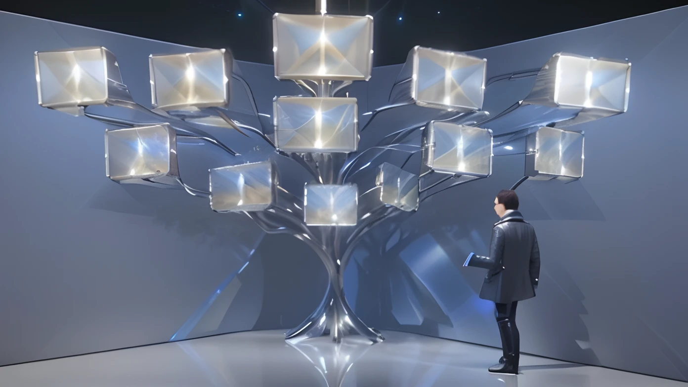 There was a man standing next to a tree with many lights, an enormous silver tree, collective civilization tree, futuristic cloning facility, virtual metaverse room, futuristic lighting, depicted as a 3 d render, the encrypted metaverse, holographic projections, metaverse concept art, depicted as a scifi scene, data holograms, computer generated, Diamond Tree