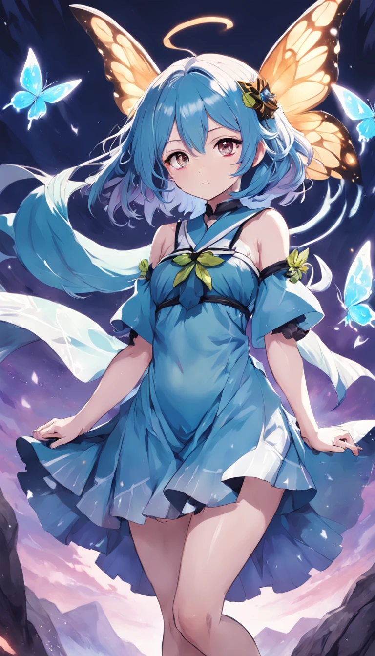 1Baby, anime girl, short girl, twins tail hair style, blue hair with yellow combination, sailafuku outfit, blue eyes, aho ge, yellow ribbon each side of hair, stary eye, glowing eyes, proportional body, proporsional fingers, 4fingers