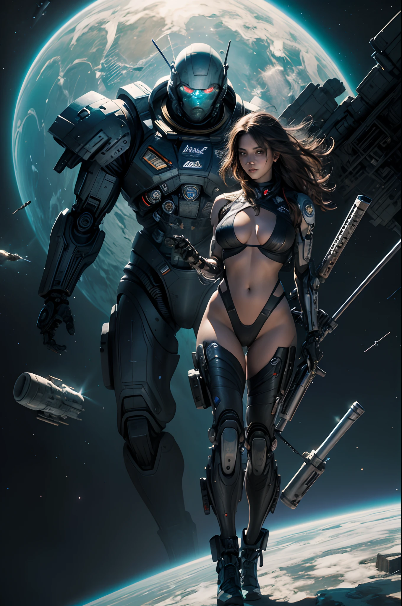 (Space Battlefield [Space Mobile Fortress]),[独奏],[[ANIME]] (Bionic Girl Beauty (14years))((well-muscled)) [plump] (Astronauts Cyborg) [Space Marine Corps Military [MASCHINEBODY]],Iron Spear [[Machine Gun Bazooka] Saber Rifle Bullet Belt Firearm][[Rocket Pack]],Gravure Spatial Combat[[catfight]] Battle Damage,[reallistic],[Details of face],(Beautiful skin expression [Transparency]) (Skin details),[Physical details] (Realistic body) [Well-proportioned proportions],[Perfect Anatomy],[White Devil],Zero Gravity Front,[Desaturation],(High Quality),(hight resolution)[Graffiti art with a sense of narrative].