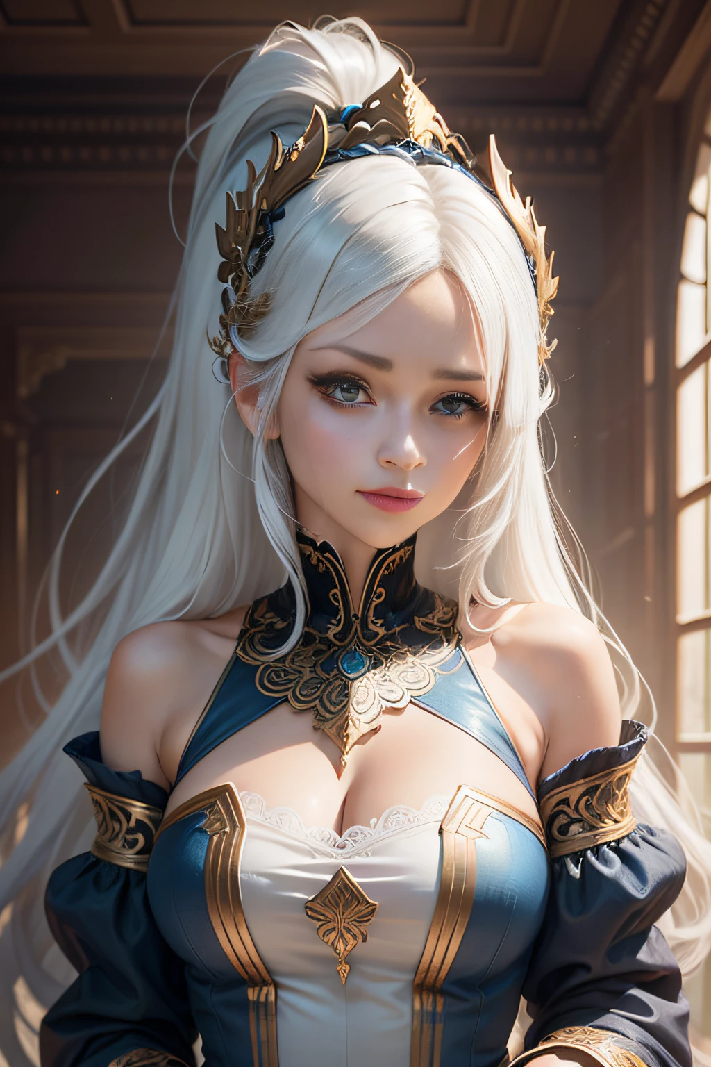 one-girl,long white hair,blue color eyes,quadratic element,High ponytail,ornate headdress