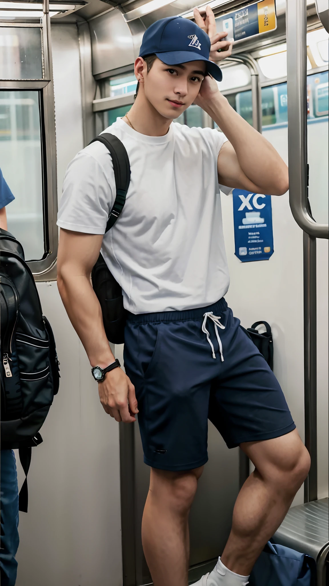 1人,A 20-year-old man in the subway,Standing in a subway car,Ultra-flat head,Blue baseball cap,White skinny sleeveless T-shirt,Wear yours with grey shorts,leg apart,musculous,Handsome,Look at your phone,Wear AirPods,Wear an Apple Watch,Sport backpack,white short socks,White sneakers,pervert smirk,exhilarated,full bodyesbian,Exposing thighs,Expose calves,Thick leg hair,In crowded subway cars,gentlesoftlighting,tmasterpiece,best qualtiy,8K UHD,digital SLR camera,filmgrain,Fujifilm XT3 Realistic painting art,Written by Midjourney and Greg Rutkowski