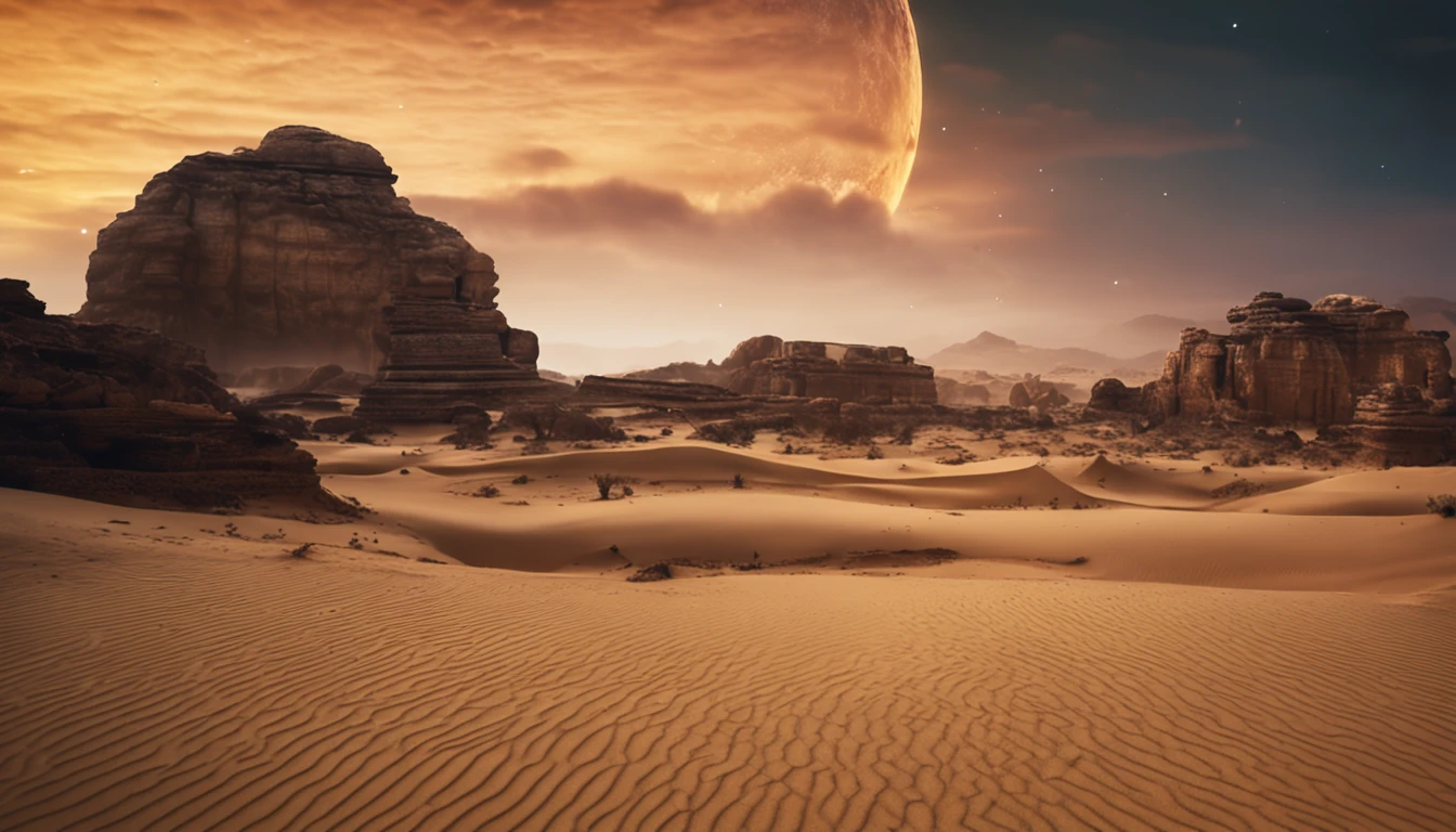 (Time-lapse photography:1.55),The main body of the picture is an endless desert,sand,Weathered ancient ruins, yellow sand,(with a thriving oasis in the middle,clear water,Tropical desert green plants,Realism,Astrophotography,starry sky:1.15),