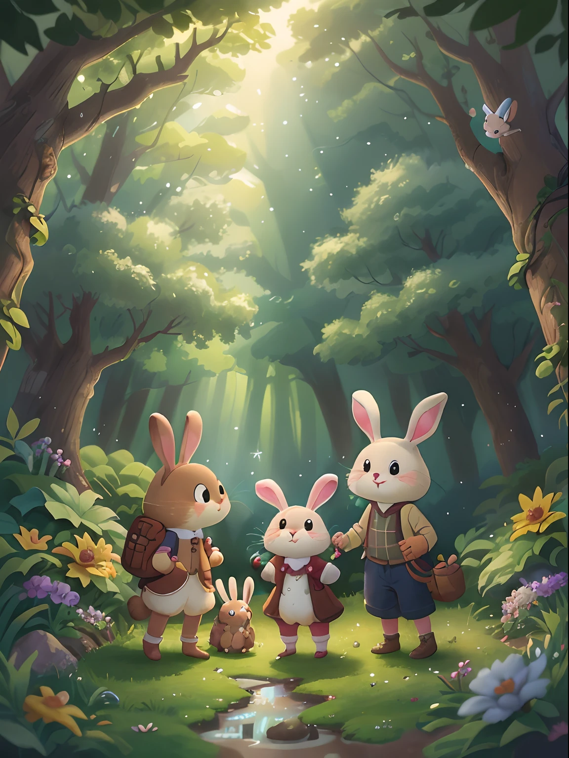 "Create an endearing and whimsical scene featuring a friendly, big-hearted rabbit and a group of excited children. The rabbit, known for its gentle nature and boundless curiosity, invites the kids to explore a magical forest together. As they venture deeper into the forest, they discover sparkling streams, colorful flowers, and hidden nooks filled with enchanting surprises. Describe the rabbit's interactions with each child – perhaps sharing riddles, playing hide-and-seek, or teaching them about the wonders of nature. Portray the children's laughter, wide-eyed wonder, and the heartwarming connections they form with their furry companion, making it a truly unforgettable day of exploration and friendship."