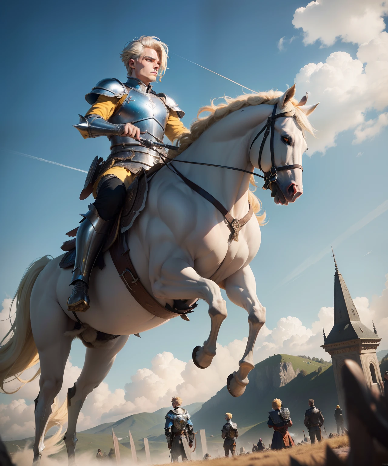 (RAW Photo, 4k, Masterpiece, High Resolution, Extremely Complex) (Realistic: 1.4), Cinematic Lighting, One male character, Spotlight, Splendor, On a Hill, Medieval\(Style\), (Best Quality) , (Highres ), (Silver armor with blue accents),(8k imposing face),(Yellow eyes),(ulzzang-6500:1.0),(solo),(blond hair)(messy short hair),(great sky blue wings),( spectators) ,lookside,(side),(lush day),((speed)),(reality),