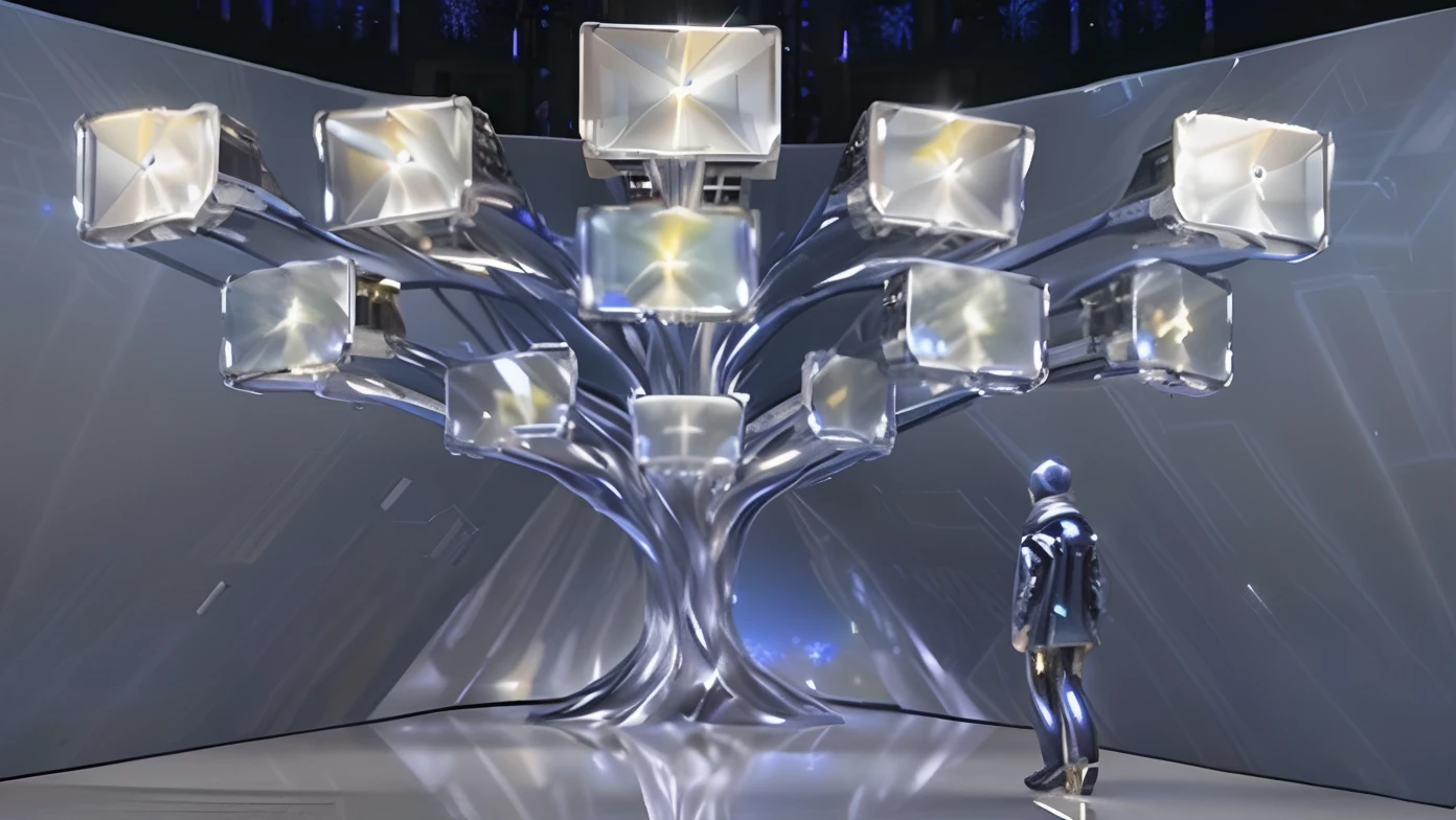 There was a man standing next to a tree with many lights, an enormous silver tree, collective civilization tree, futuristic cloning facility, virtual metaverse room, futuristic lighting, depicted as a 3 d render, the encrypted metaverse, holographic projections, metaverse concept art, depicted as a scifi scene, data holograms, computer generated, Diamond Tree