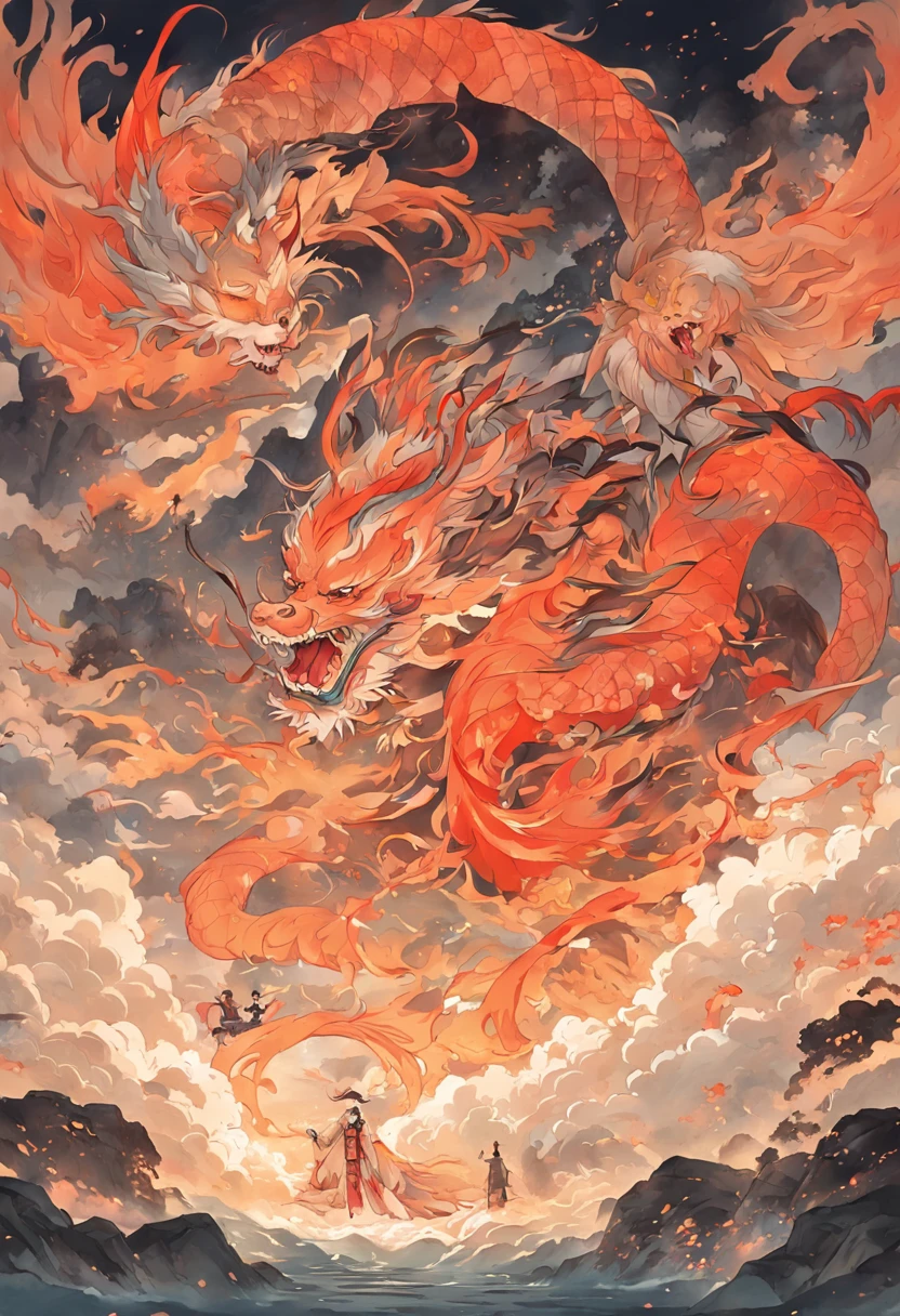 An ancient Chinese painting，ancient chinese background，There are twelve divine beasts of the Mountain and Sea Sutra，There are mountains，There are rivers，There is a red sun，shadowing，Auspicious clouds，Epic composition