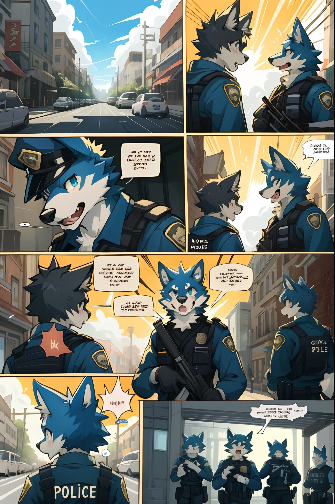 top quality, best quality, highres, masterpiece, super high resolution, detailed background, street, gasping for air(super handsome boys, dog)police officer, swat, police uniform, 6+boys, 6+girls, absurdres(highly detailed beautiful face and eyes)perfect anatomy, good lighting, cinematic shadow(kemono, furry anthro)assorted expressions, assorted poses, assorted angles, full body, upper shot, dynamic angle(girls comic-like panel layouts, speech balloon, English text, Hand-drawn sound effects stickers used in girls comic),