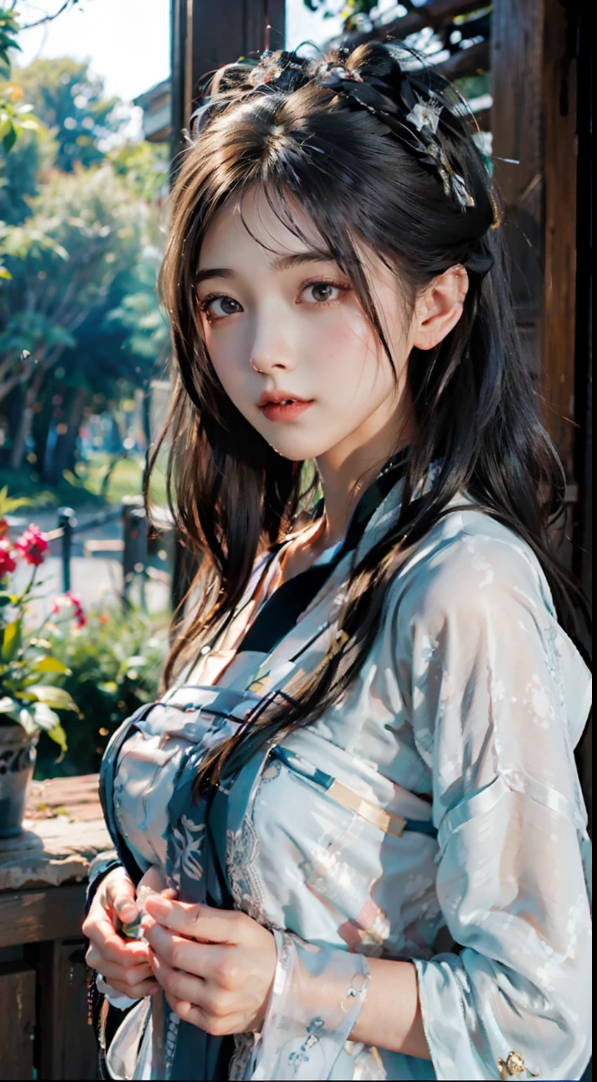 ulzang-6500-v1.1,(RAW photo:1.2), (Photorealistic:1.4), Beautiful Meticulous Girl, very detailed eyes and faces, Beautiful detailed eyes,  hugefilesize, ultra - detailed, A high resolution, Super clear，The is very detailed，（（chiseled abs：1.1），（perfect bodies：1.1），（long whitr hair：1.2），（Silvery hair），Lace collar，（（wearing a hanfu，White Hanfu，Lilac pattern）），（（Cardigan Hanfu）），（Very detailed CG 8k wallpaper），（Extremely refined and beautiful），（tmasterpiece），（best qualtiy：1.0），（超A high resolution：1.0），Beautiful light，Perfect light，realistic shaded，[A high resolution]，Detailed skins， Hyper-detailing（（（a color））），high realistic，Bigchest，Perfect face