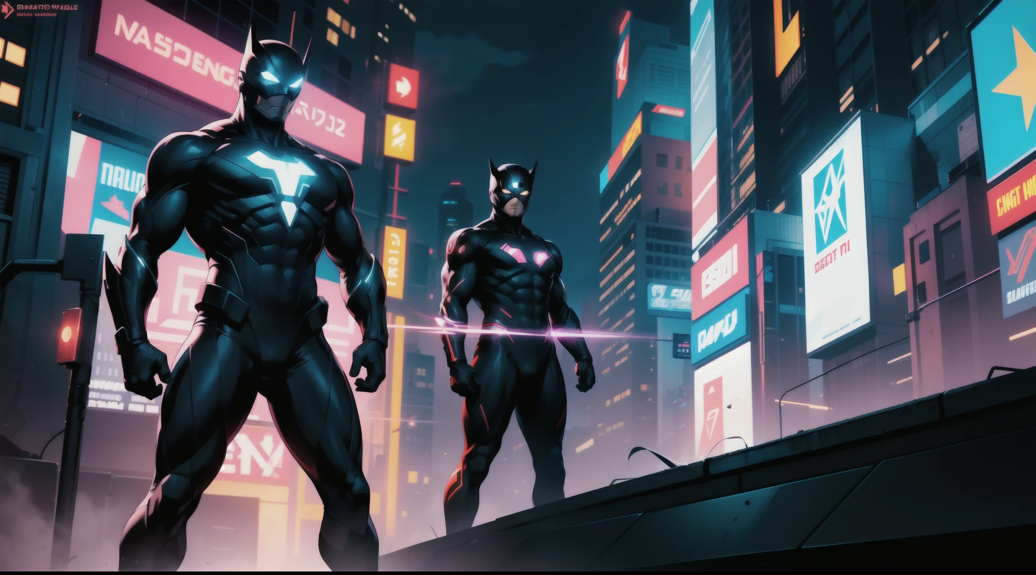 “A powerful superhero standing tall in a futuristic cityscape at dusk. The character has a muscular build, wearing a sleek, high-tech suit in shades of blue and silver, with glowing energy lines running across the suit. He has a determined expression, with short, spiked hair and a visor covering his eyes. In the background, the city lights are starting to turn on, and flying vehicles can be seen in the sky.”
