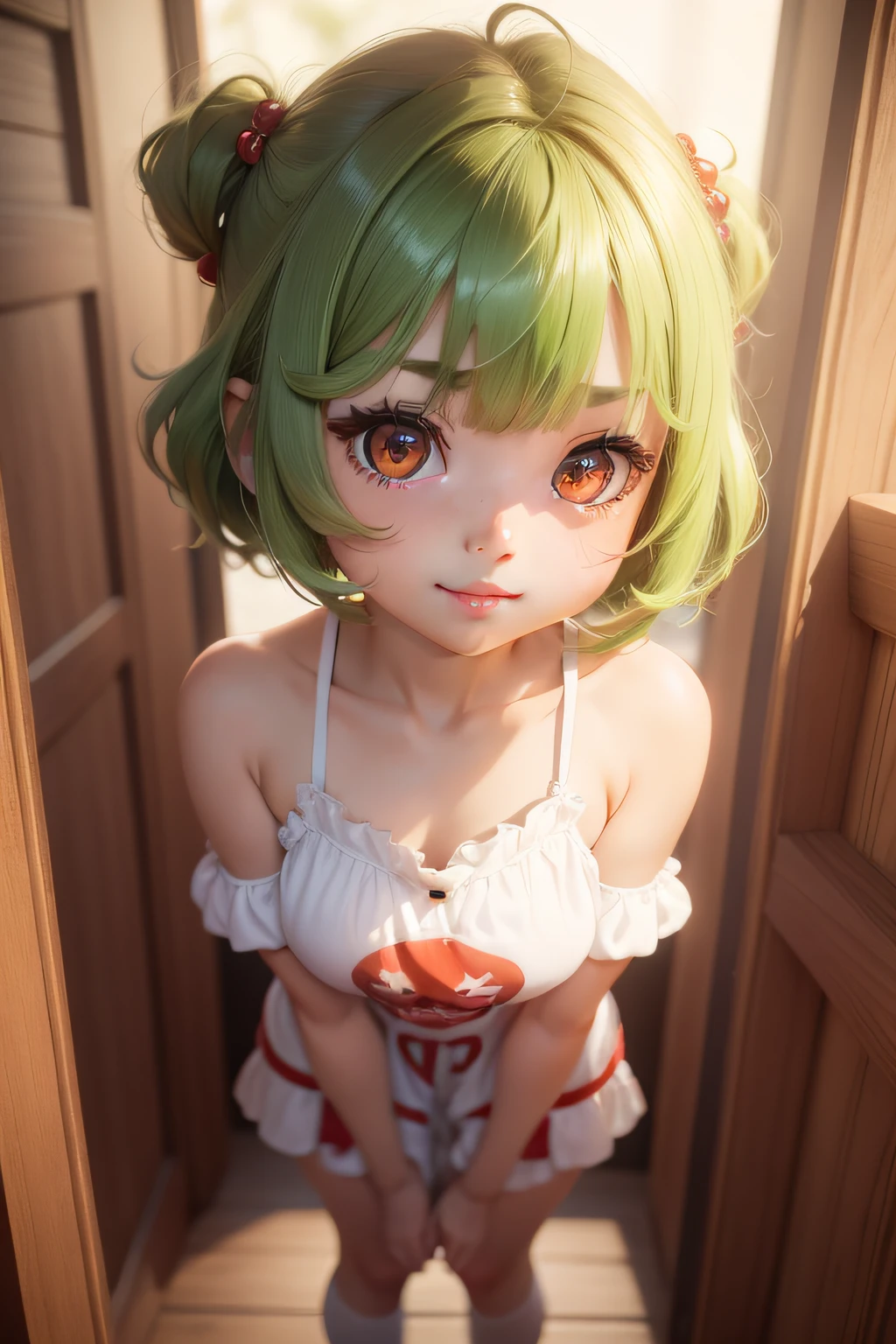 Chibi, 1 girl, shorth hair, Cute、bright expression、Very beautiful face, Beautiful green eyes, dazzling green hair、Eyebrows behind bangs, Bright pupils, nffsw, nffsw, textured white skin, high details, Best Quality, 4K, hight resolution、Full body, Tomato Red Costume