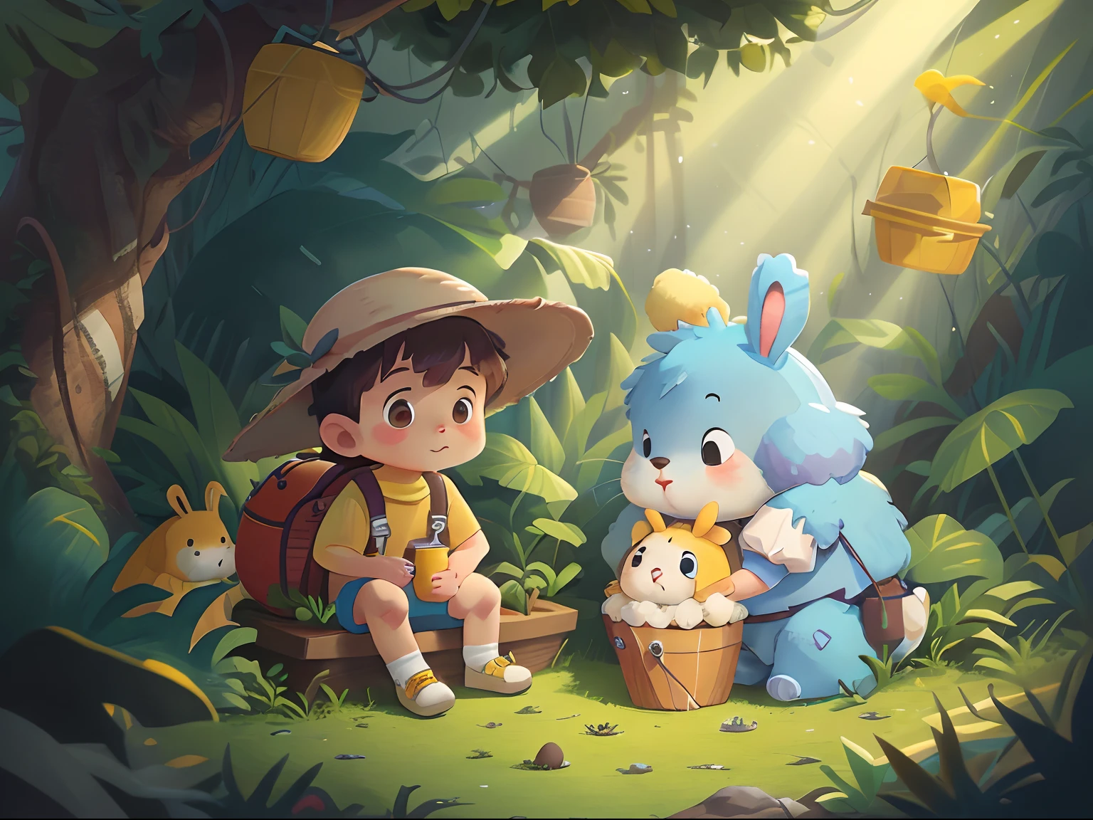 cute boy wearing yellow Bucket Hats , white shirt and blue shorts seating beside 2 big giant fluffy rabbit, in the fantasy jungle, cinematic,