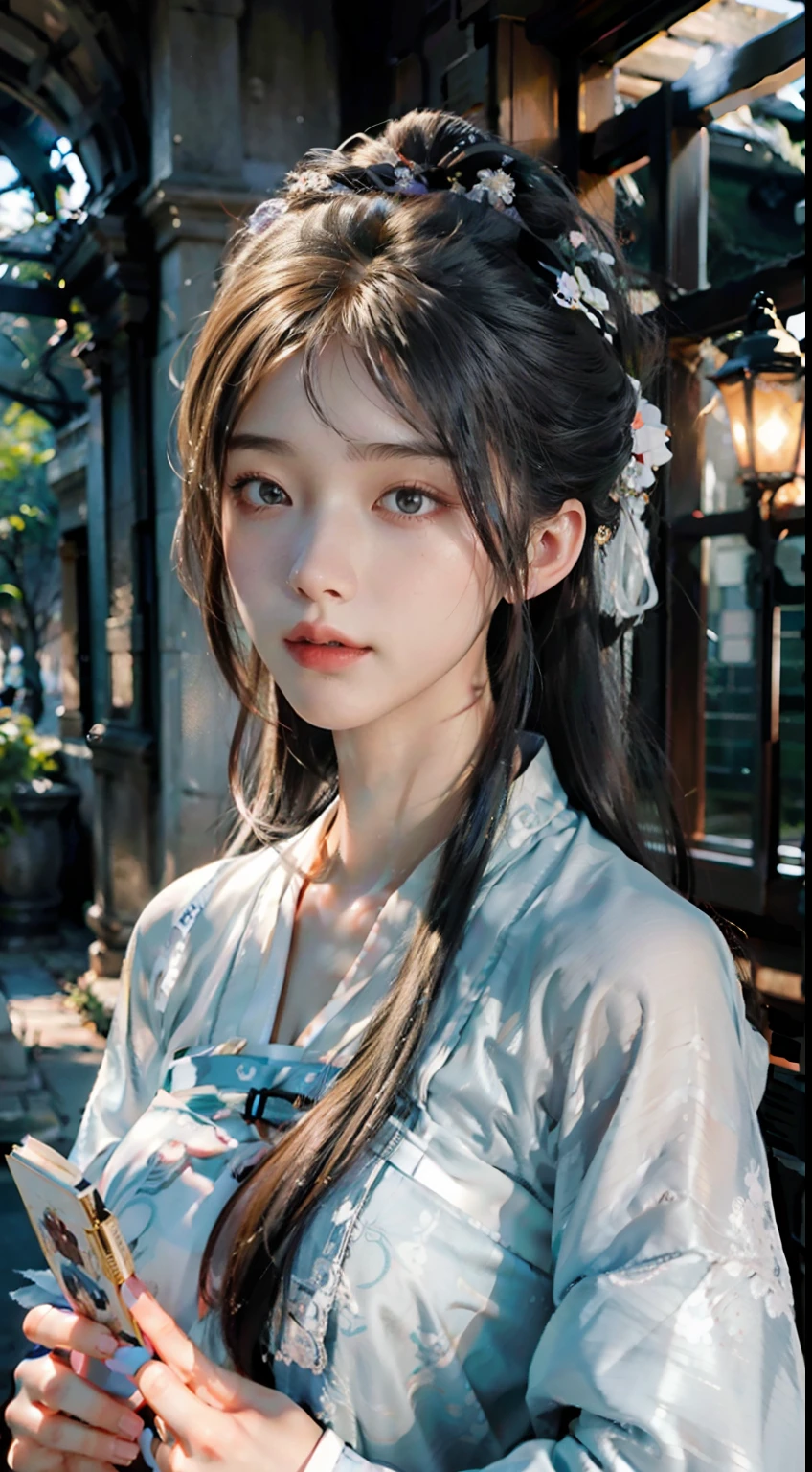 ulzang-6500-v1.1,(RAW photo:1.2), (Photorealistic:1.4), Beautiful Meticulous Girl, very detailed eyes and faces, Beautiful detailed eyes,  hugefilesize, ultra - detailed, A high resolution, Super clear，The is very detailed，（（chiseled abs：1.1），（perfect bodies：1.1），（long whitr hair：1.2），（Silvery hair），Lace collar，（（wearing a hanfu，White Hanfu，Lilac pattern）），（（Cardigan Hanfu）），（Very detailed CG 8k wallpaper），（Extremely refined and beautiful），（tmasterpiece），（best qualtiy：1.0），（超A high resolution：1.0），Beautiful light，Perfect light，realistic shaded，[A high resolution]，Detailed skins， Hyper-detailing（（（a color））），high realistic，Bigchest，Perfect face