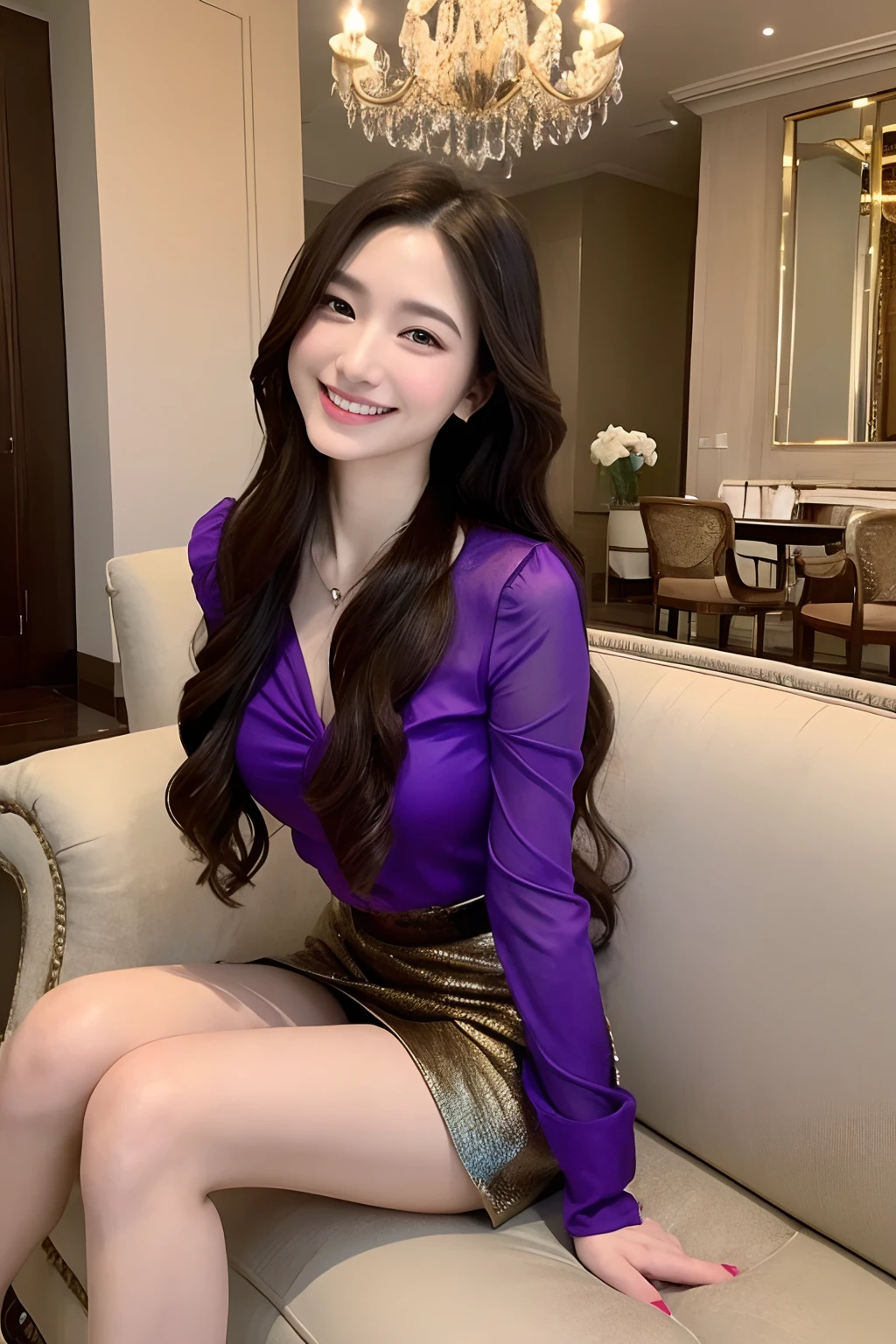 (Transcendent beauty Violet Blouse masterpiece、top-quality、Ultra-precise expression full body seen masutepiece、(细致背景),Sitting on a luxurious sofa with legs crossed Miniskirt hair is long and brown Luxury hotel chandelier、Slim body line、legs are long、Check miniskirt 二重まぶた Transcendent beauty Smiling Subtle upward eyesight