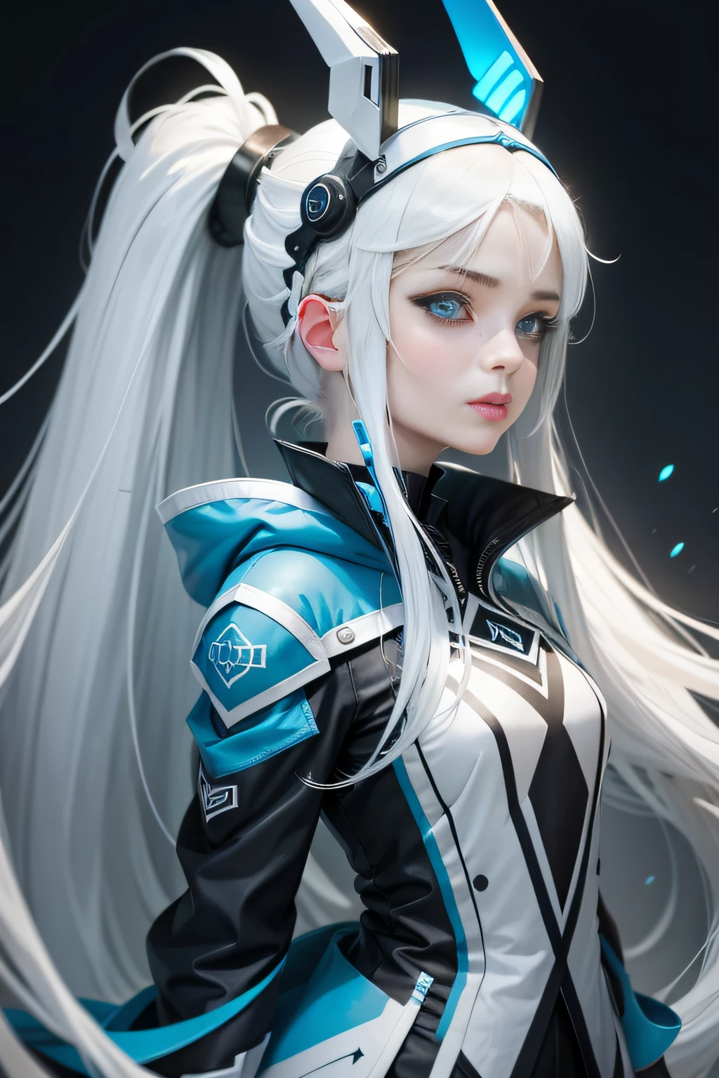 one-girl，long  white hair，blue color eyes，quadratic element，High ponytail，head gear