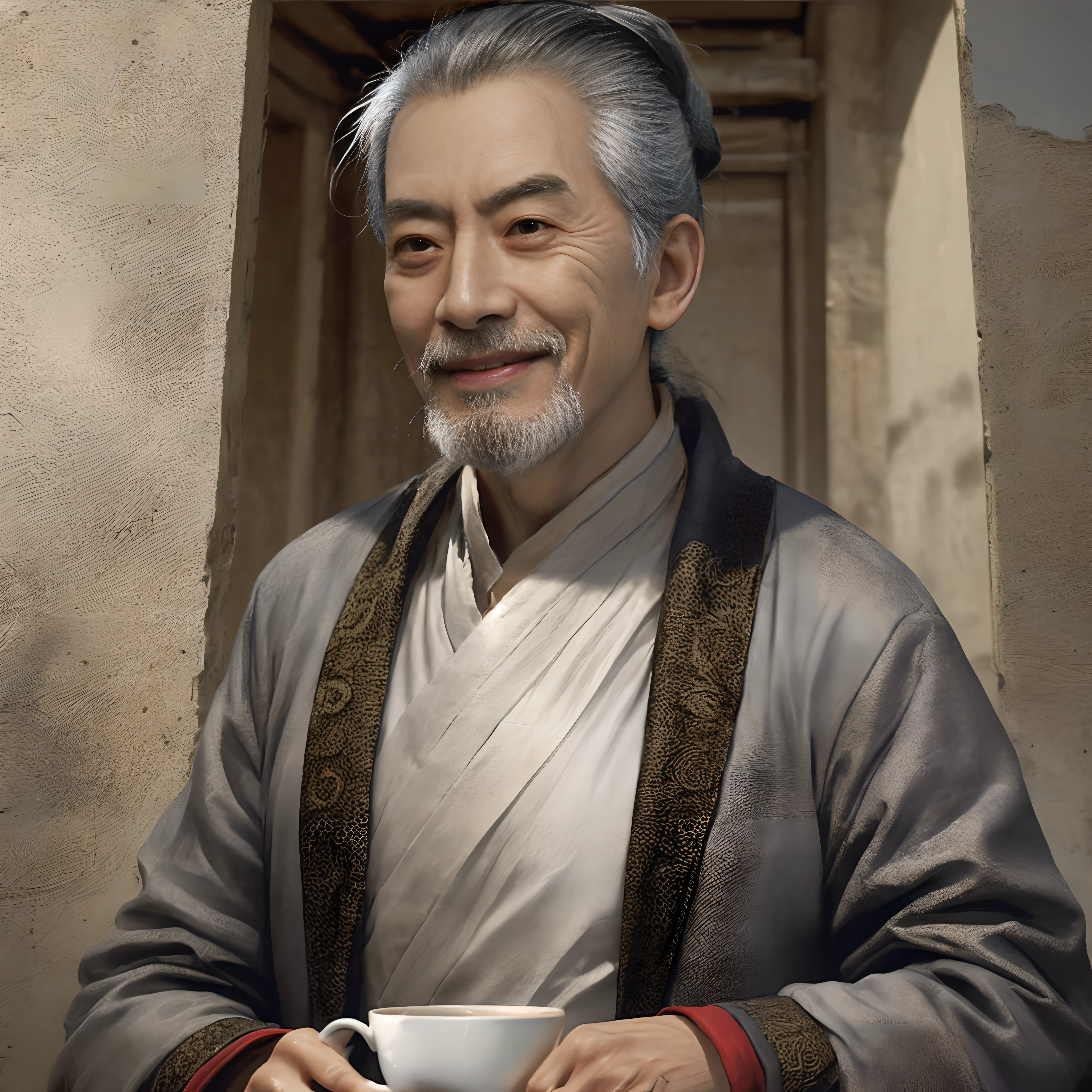 Illustration style，smooth 3d cg render，Drunken laughter，Asian looks，Old Man Twilight，A kind smile，Ruby complexion，gladly