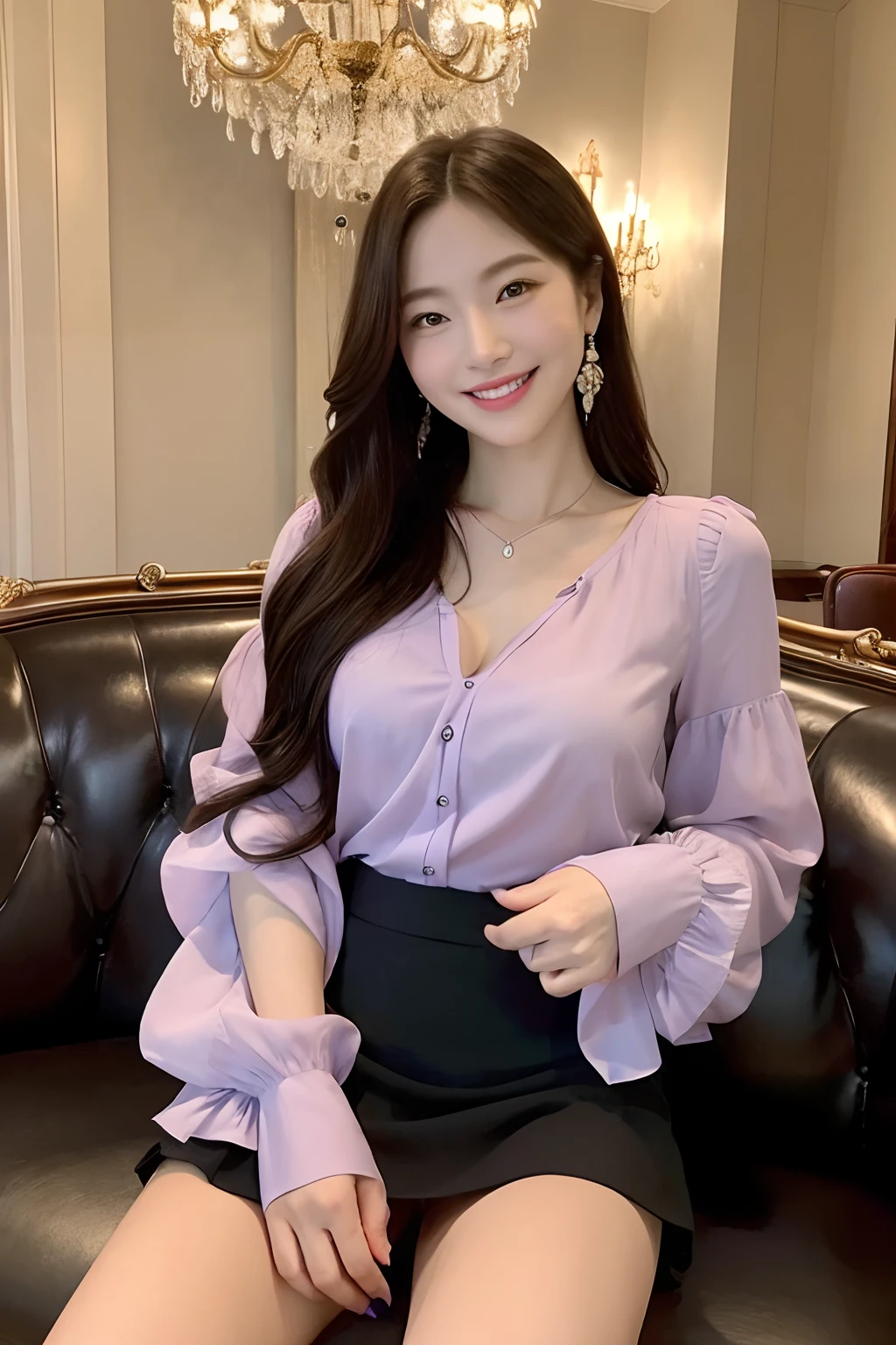 (Transcendent beauty Violet Blouse masterpiece、top-quality、Ultra-precise expression full body seen masutepiece、(细致背景),Sitting on a luxurious sofa with legs crossed Miniskirt hair is long and brown Luxury hotel chandelier、Slim body line、legs are long、Check miniskirt 二重まぶた Transcendent beauty Smiling Subtle upward eyesight