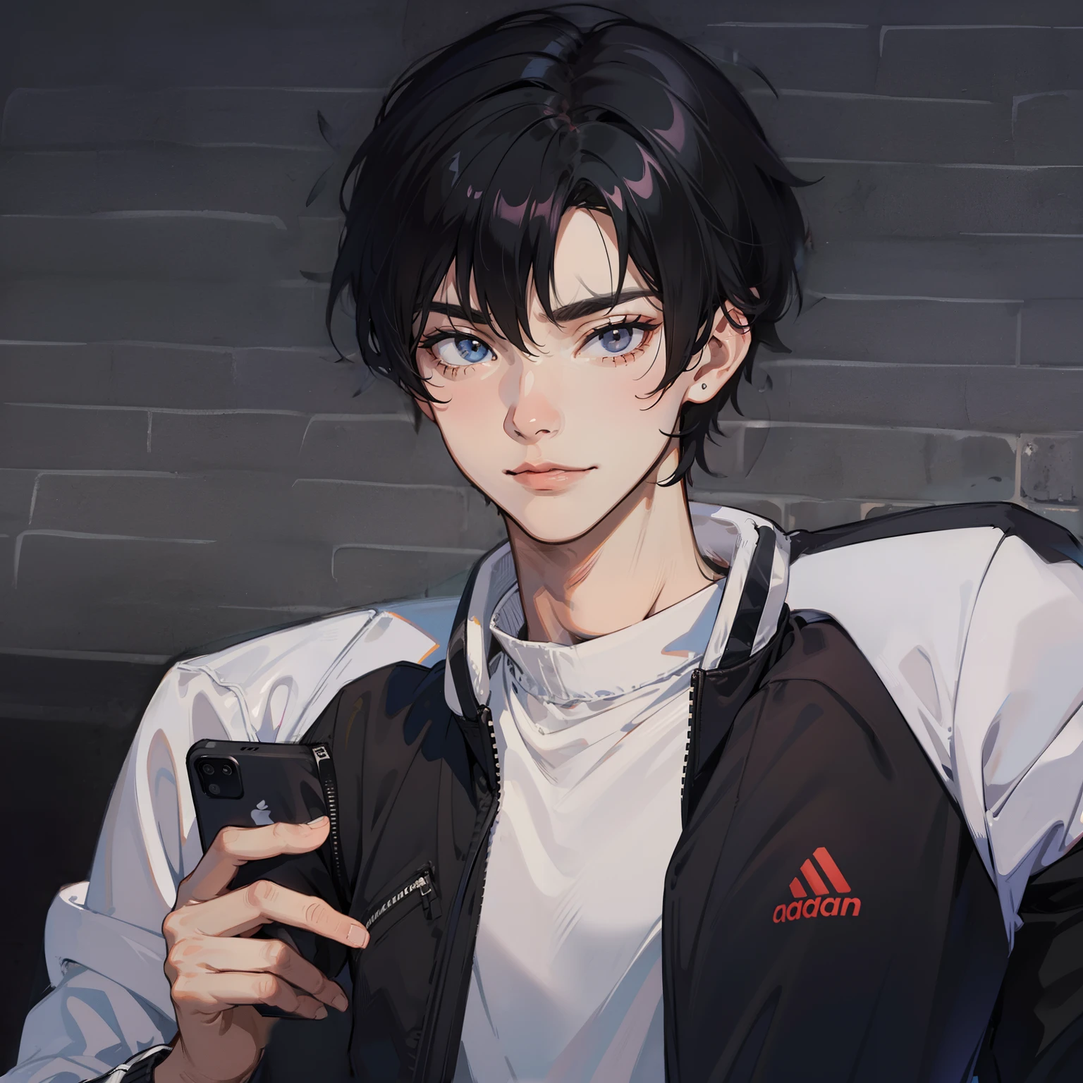 Delicate face,A smug expression,Hold the cheeks,track suit,with short black hair,male people