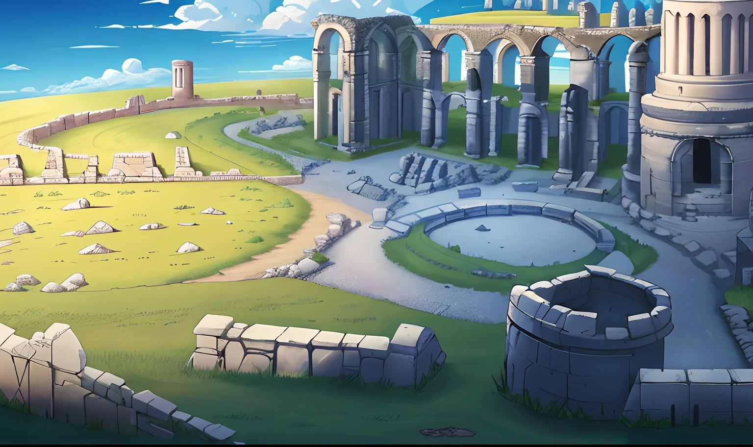 There is a cartoon picture of a stone road with a stone arch, ancient ruins background, odin's stone arena background, arena background, city ruins background, background is the ruins, ruins landscape, arte de fundo, Mobile game background, ruins on the background, background artwork, Ancient ruins, ancient ruins in the background, atlantis background, palace background, Temple background
