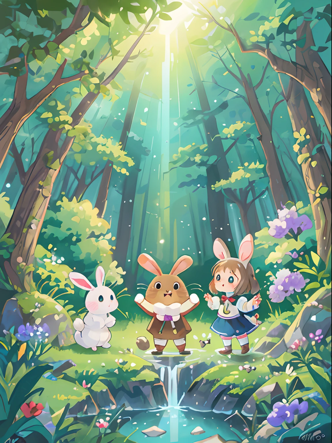 "Create an endearing and whimsical scene featuring a friendly, big-hearted rabbit and a group of excited children. The rabbit, known for its gentle nature and boundless curiosity, invites the kids to explore a magical forest together. As they venture deeper into the forest, they discover sparkling streams, colorful flowers, and hidden nooks filled with enchanting surprises. Describe the rabbit's interactions with each child – perhaps sharing riddles, playing hide-and-seek, or teaching them about the wonders of nature. Portray the children's laughter, wide-eyed wonder, and the heartwarming connections they form with their furry companion, making it a truly unforgettable day of exploration and friendship."
