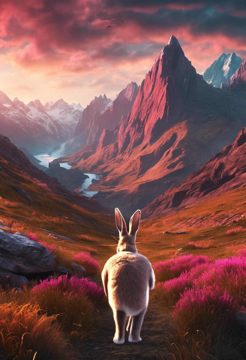 A rabbit walks among magnificent mountains and the vast ocean