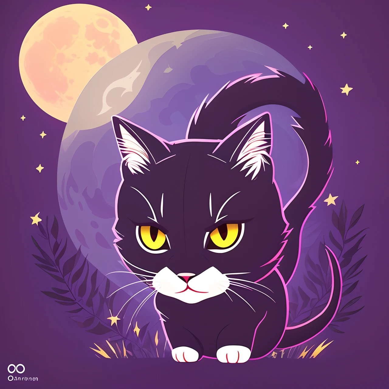 Create a vibrant dark fantasy cute ninja cat in a concise minimalist cartoon style with a beautiful forest and bright purple moon background, octane rendering, 8K --auto --s2